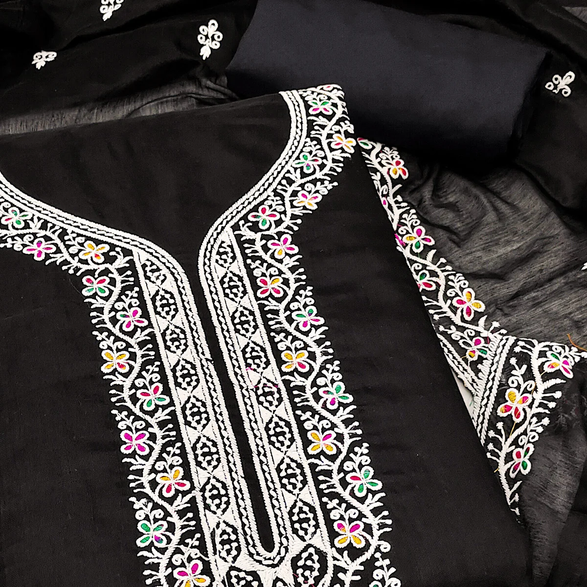 Black Chanderi Silk Dress Material Beautified with Intricate Floral Thread Embroidery - Image 2