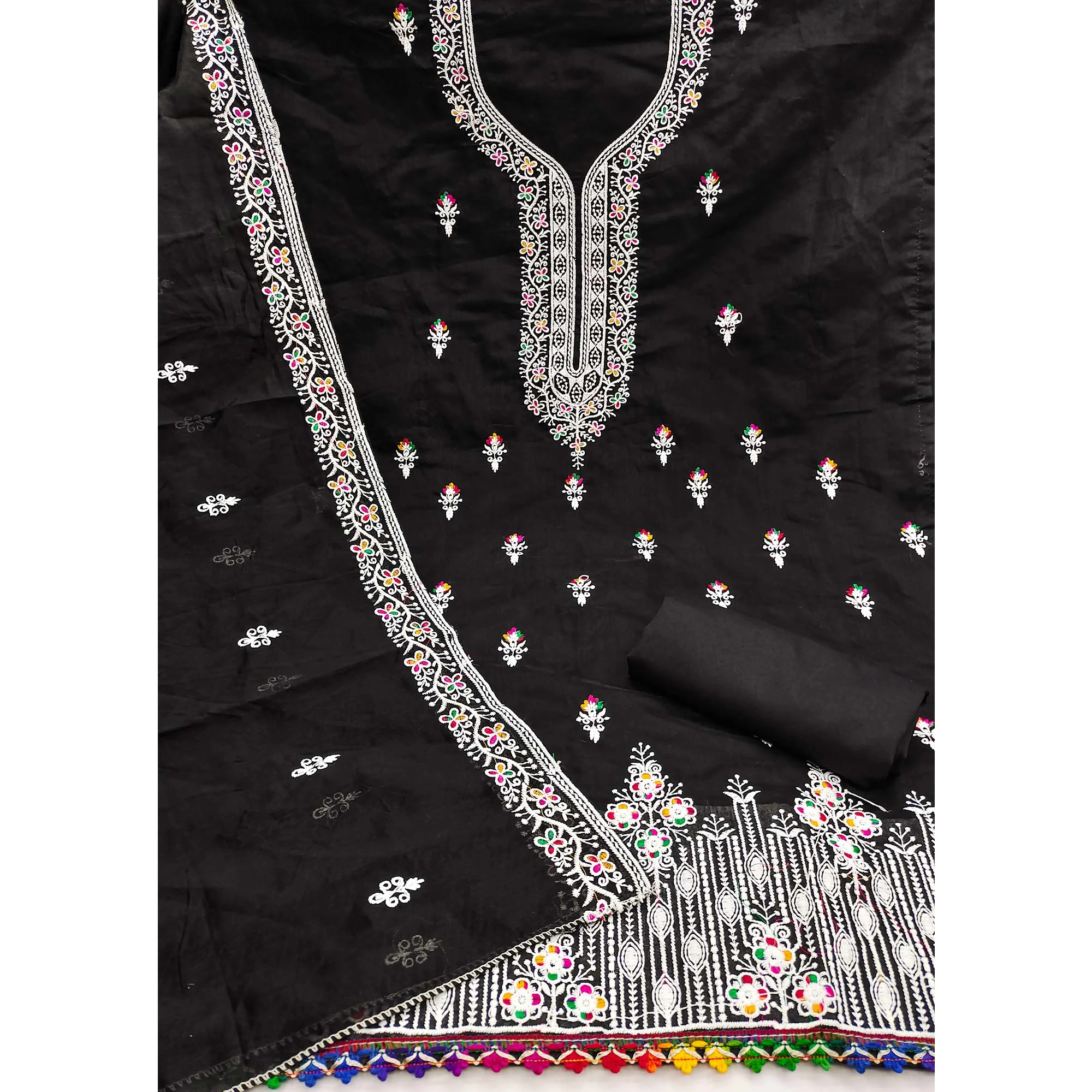 Black Chanderi Silk Dress Material Beautified with Intricate Floral Thread Embroidery - Image 3