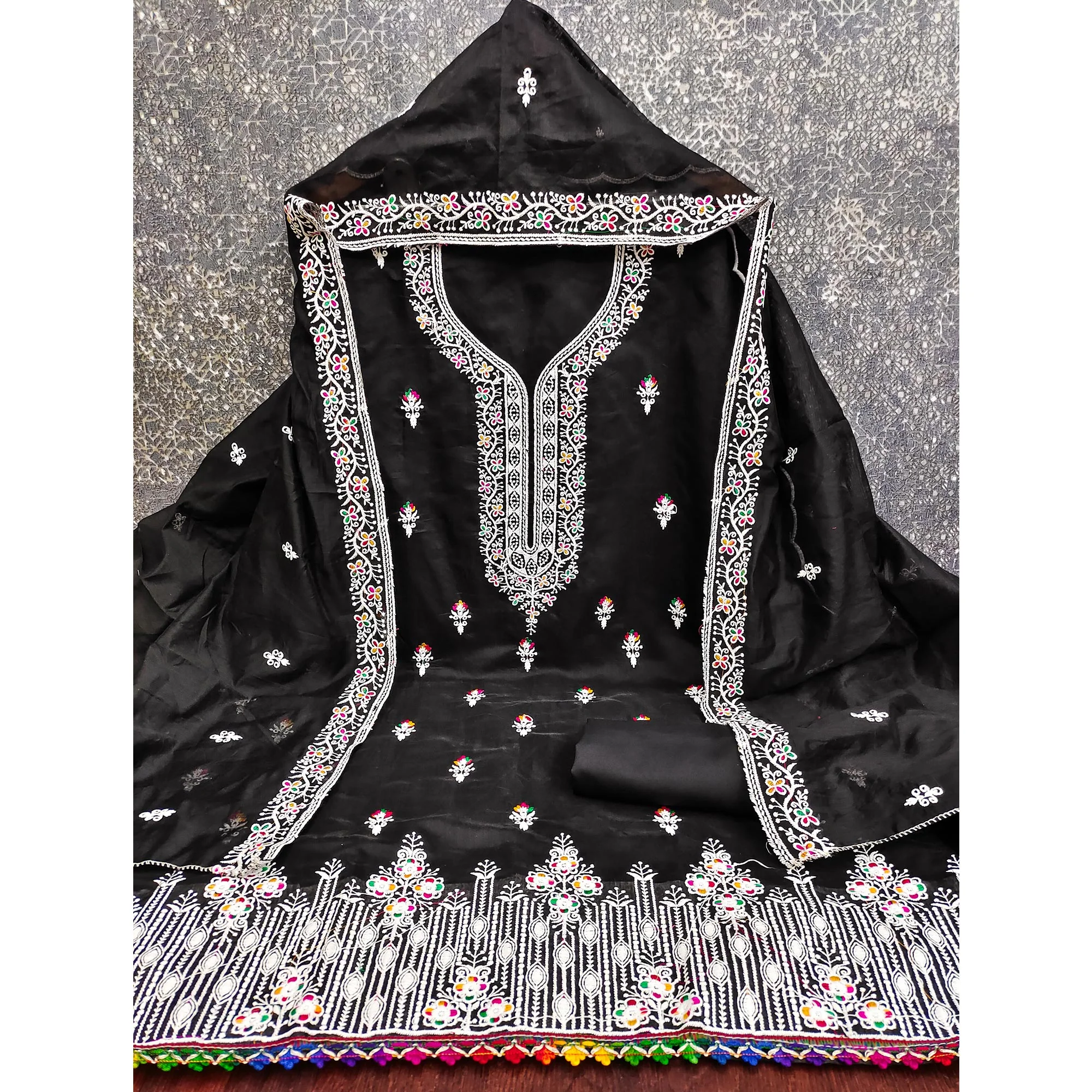 Black Chanderi Silk Dress Material Beautified with Intricate Floral Thread Embroidery - Image 4