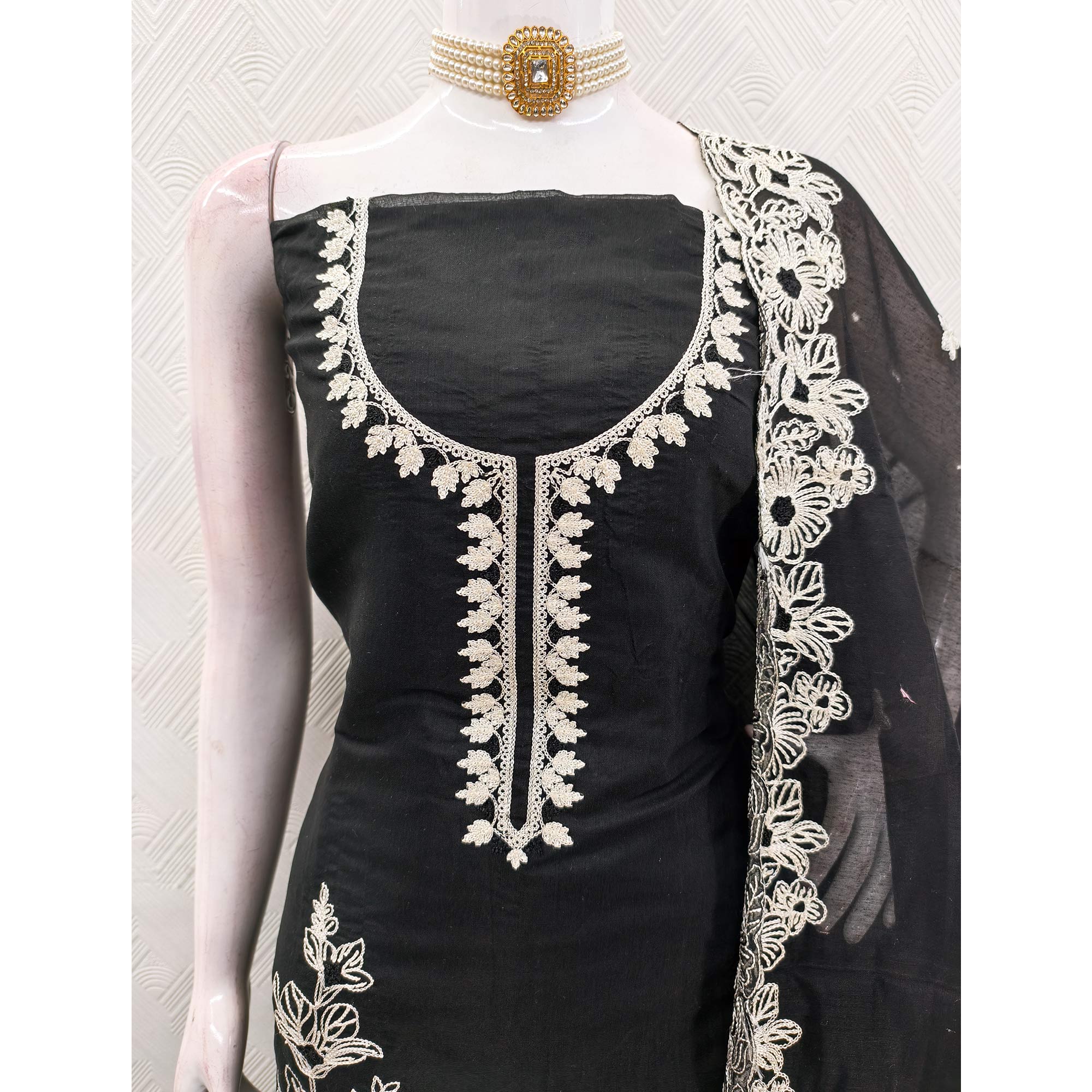Black Chanderi Silk Dress Material Enhanced With Floral Thread Embroidered Work - Image 6