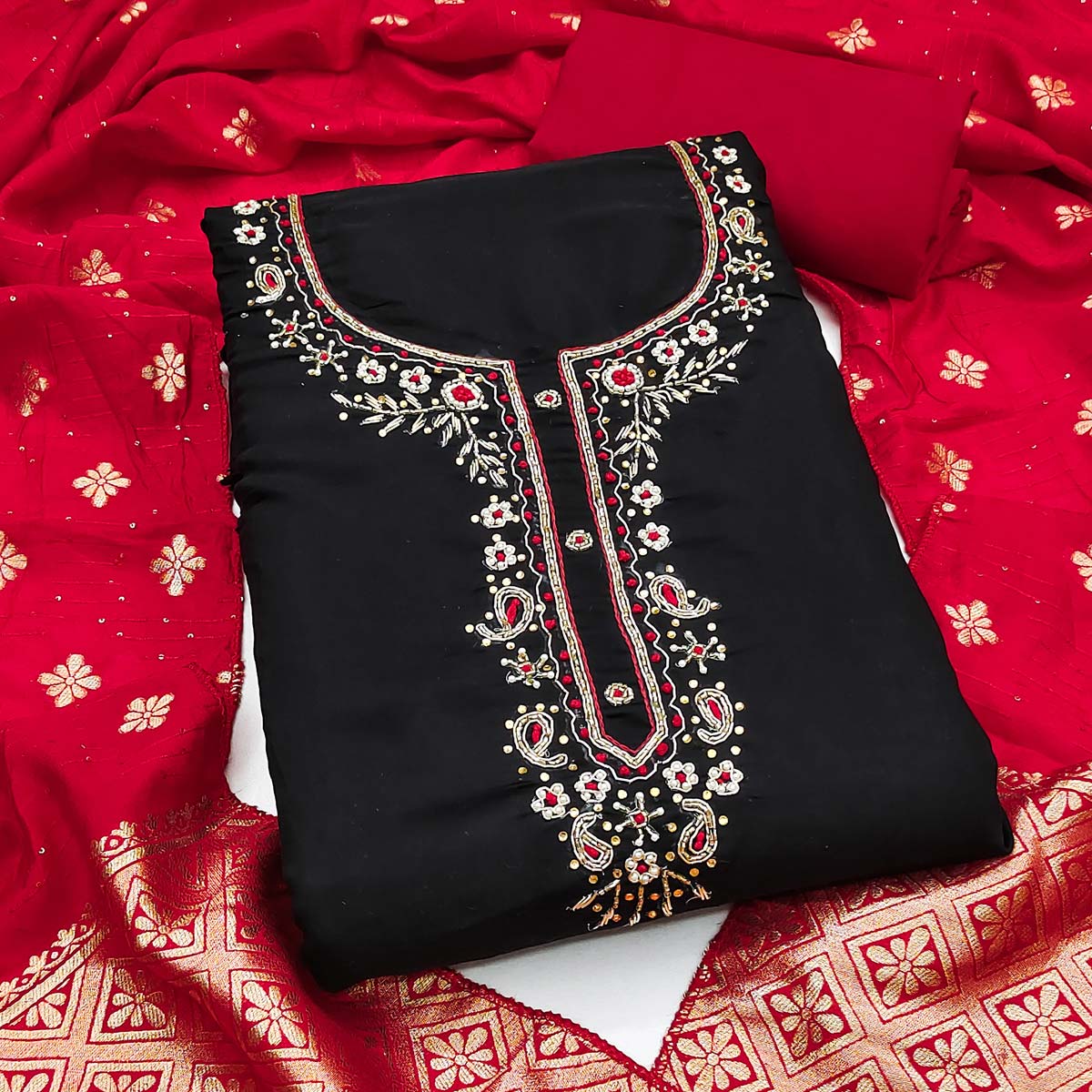 Black Chanderi Silk Dress Material Featuring Intricate Beads & Stone Embroidery - Image 2