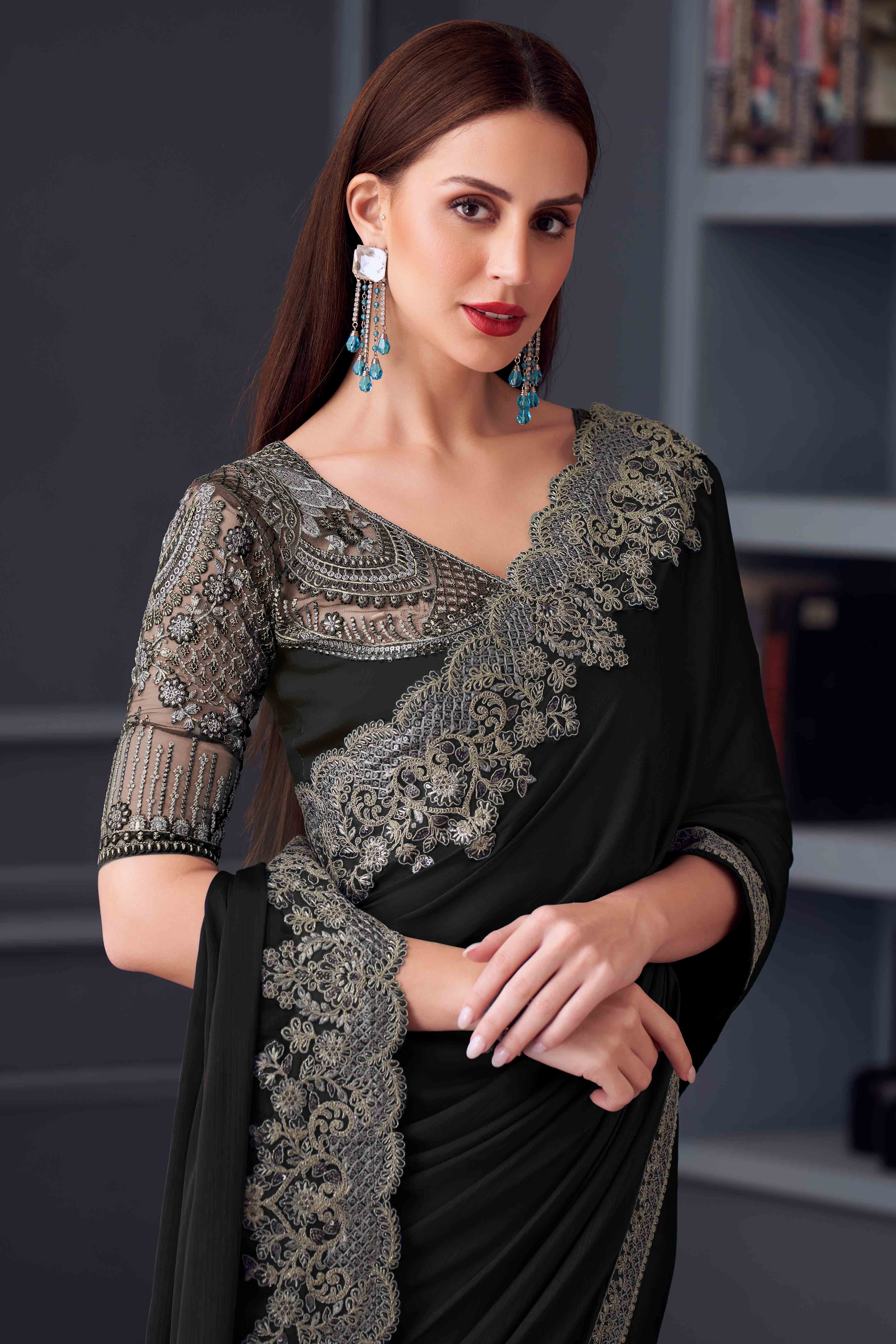 Black Chiffon Saree with Embellished Border - Image 3