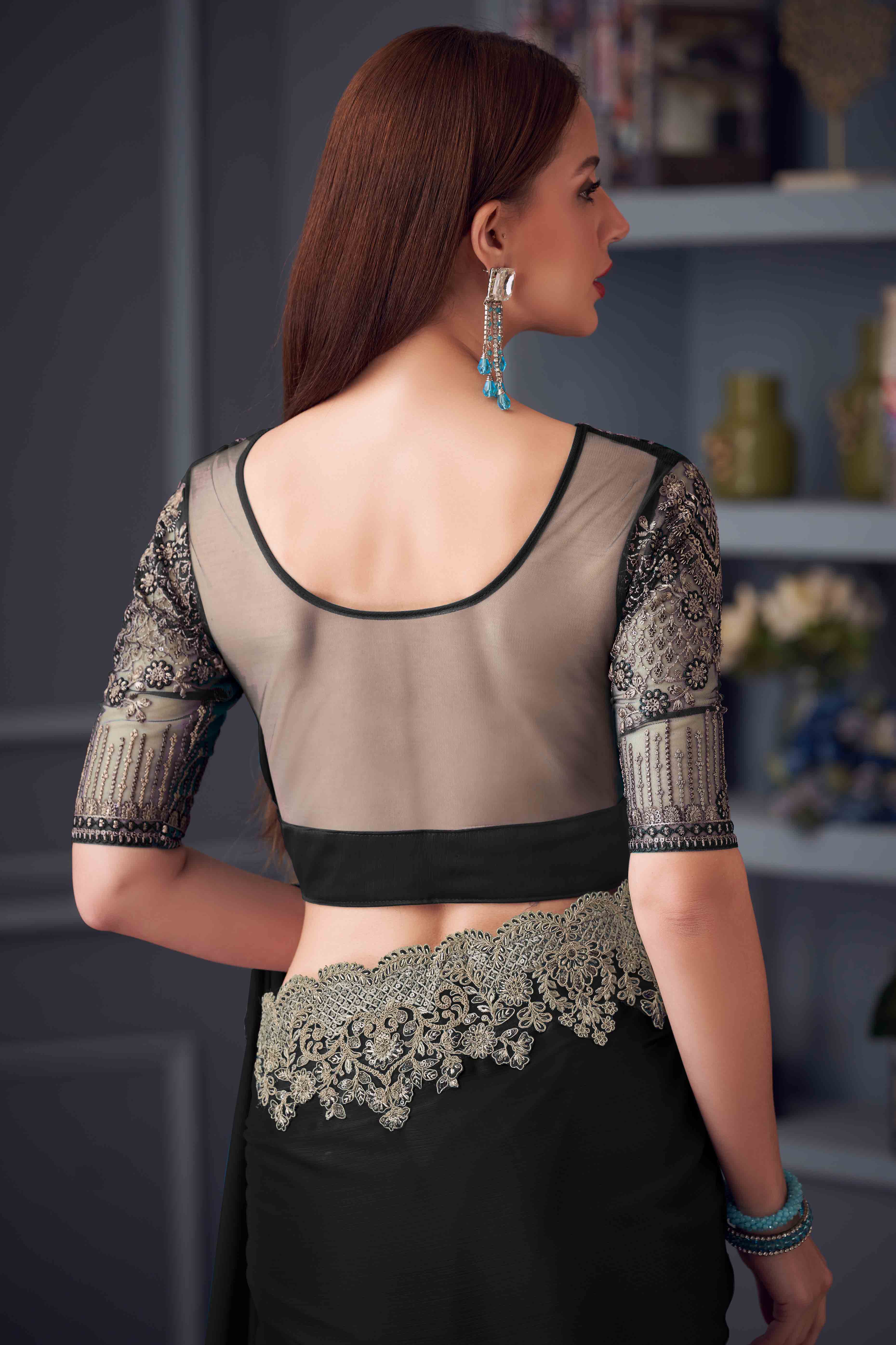 Black Chiffon Saree with Embellished Border - Image 5