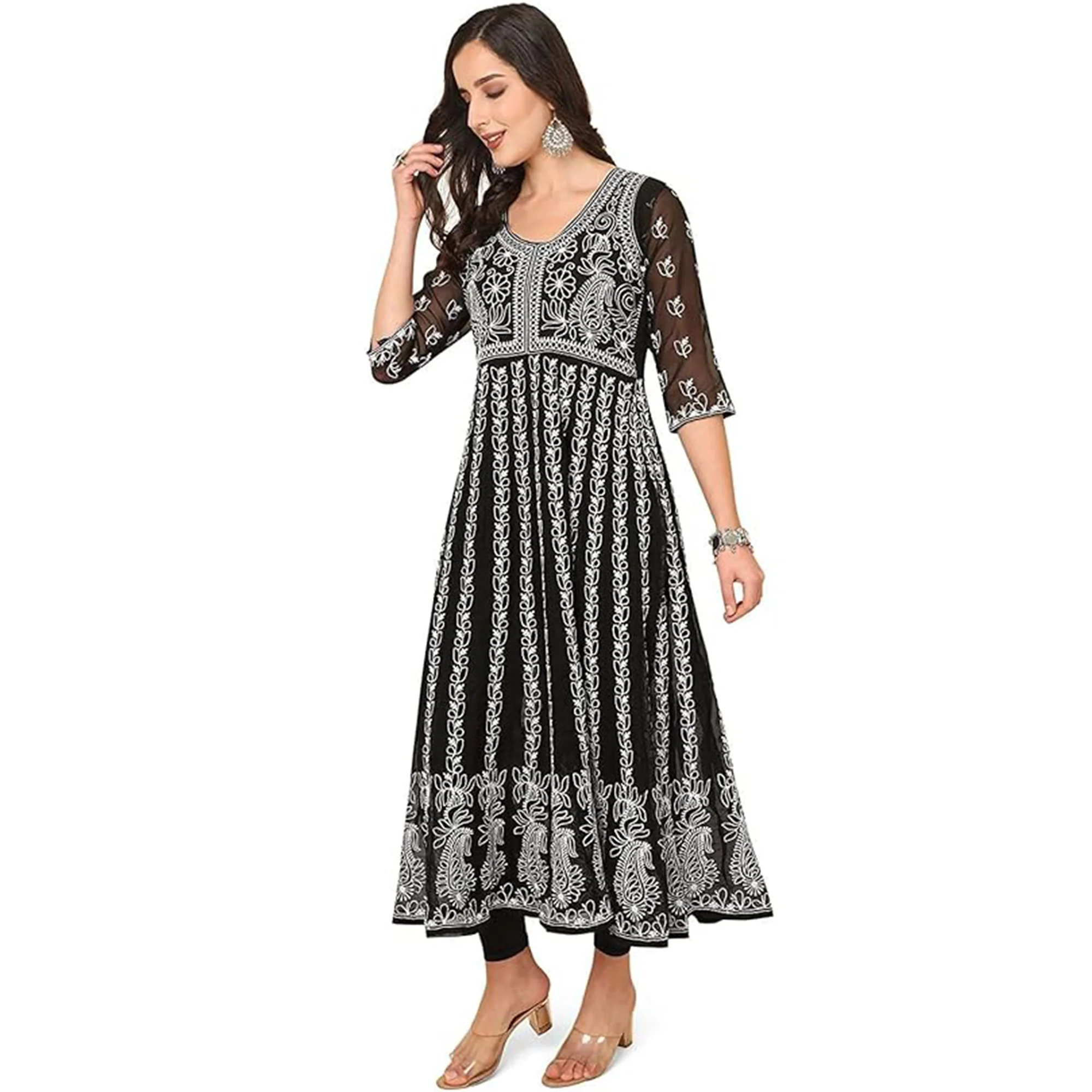 Black Chikan Embroidery Georgette Anarkali KurtI - Image 3