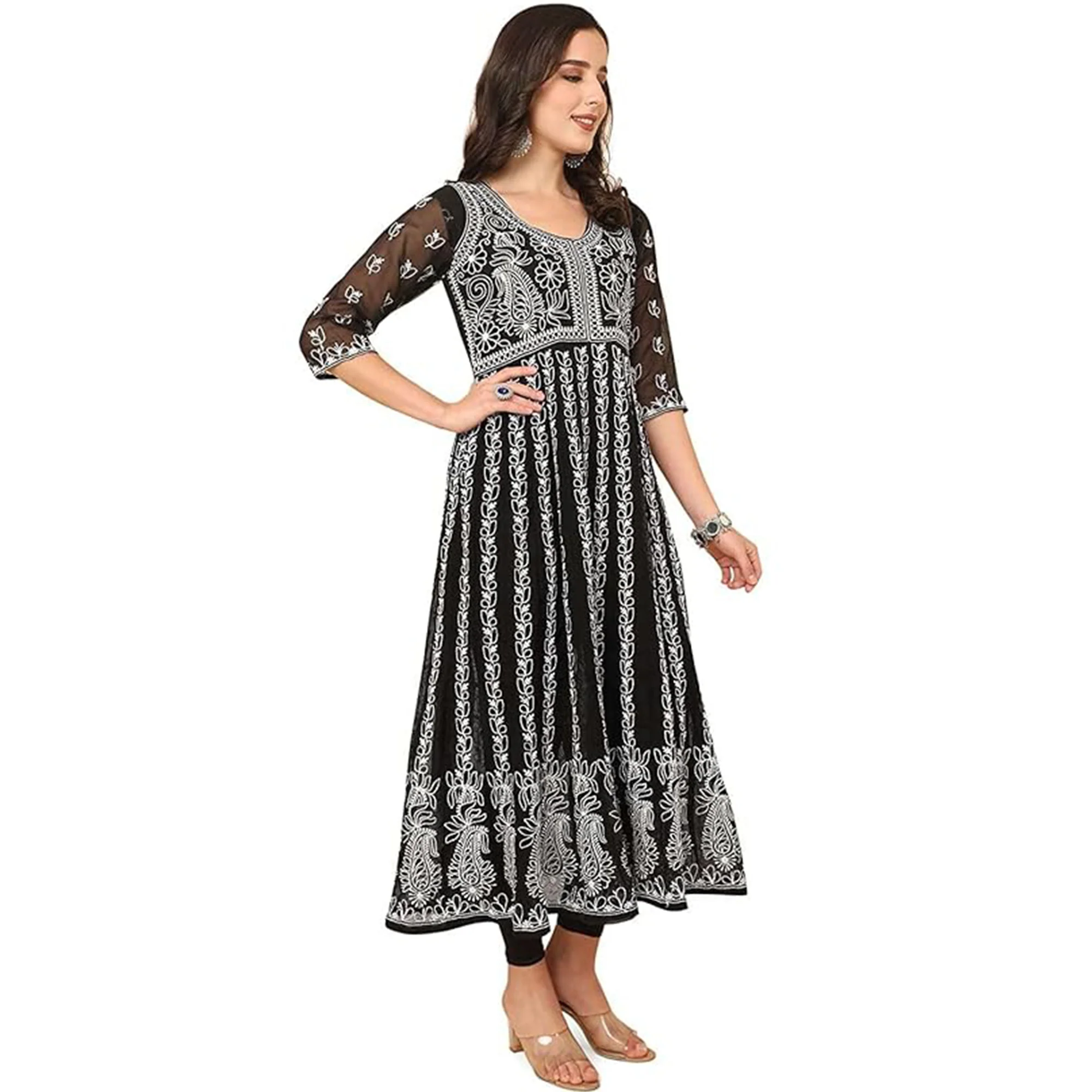 Black Chikan Embroidery Georgette Anarkali KurtI - Image 4