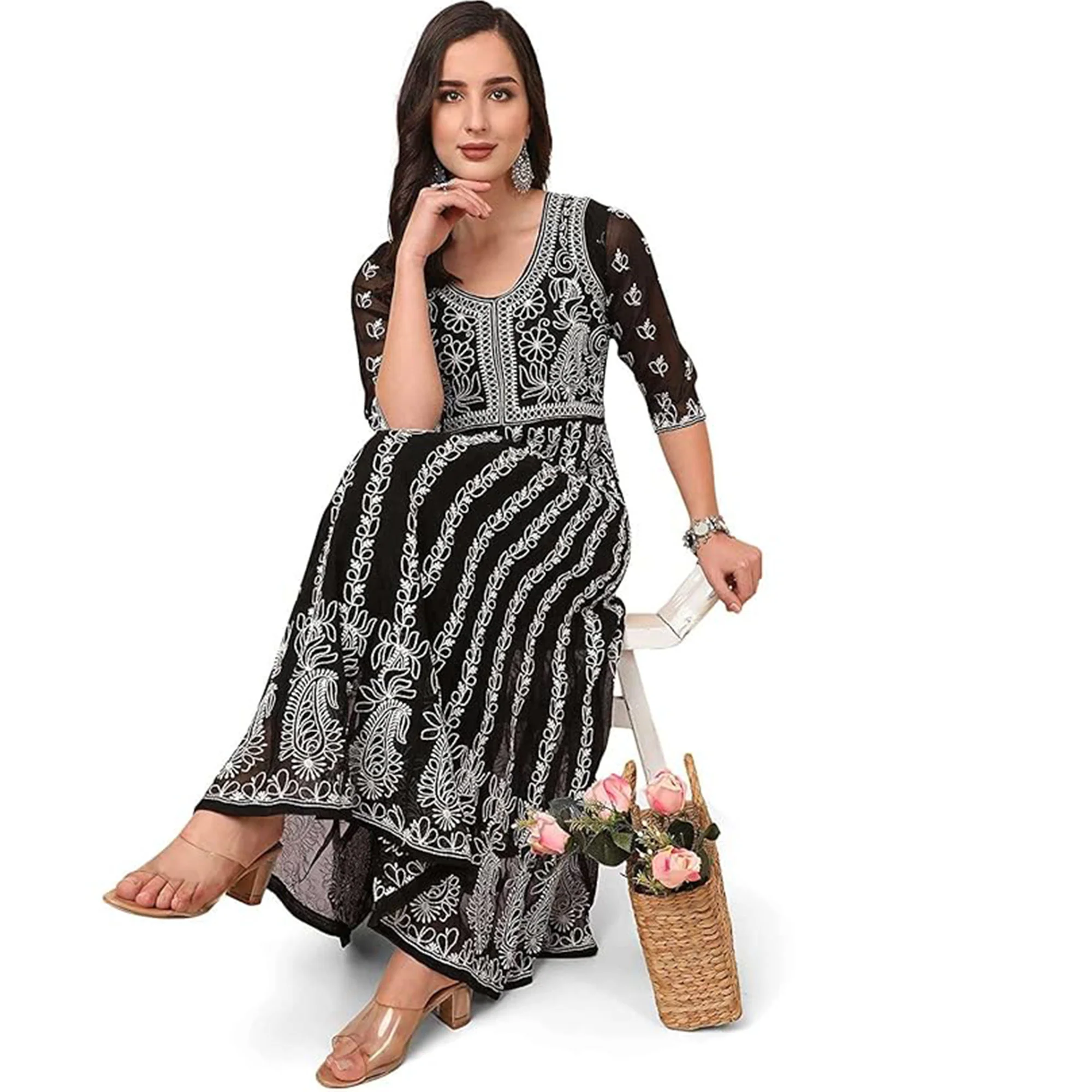 Black Chikan Embroidery Georgette Anarkali KurtI - Image 5