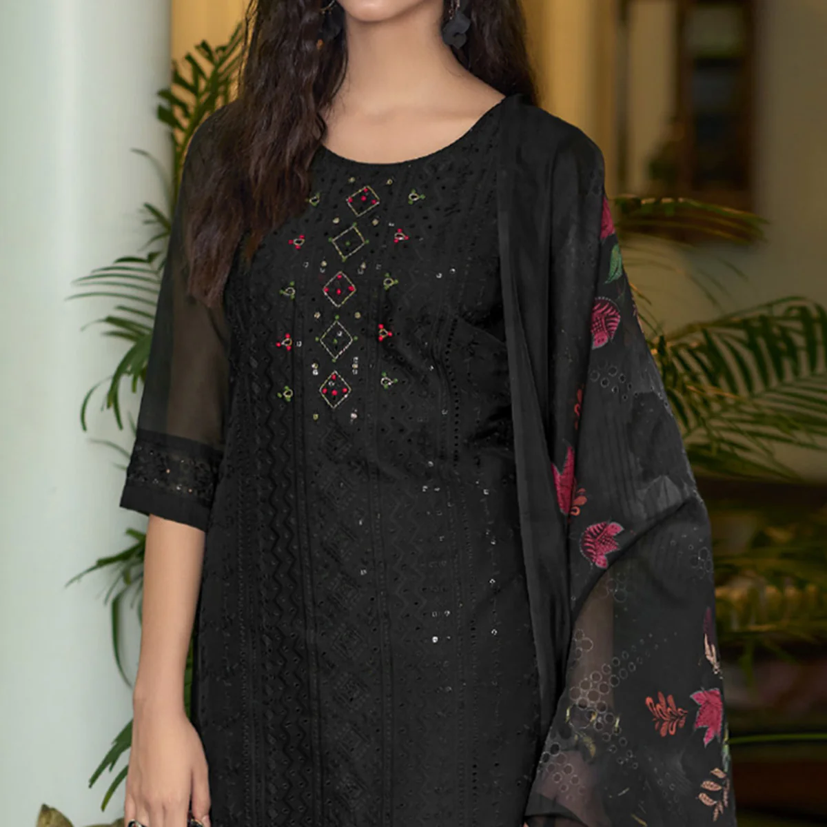 Black Chikankari With Handwork Organza Salwar Suit - Image 3