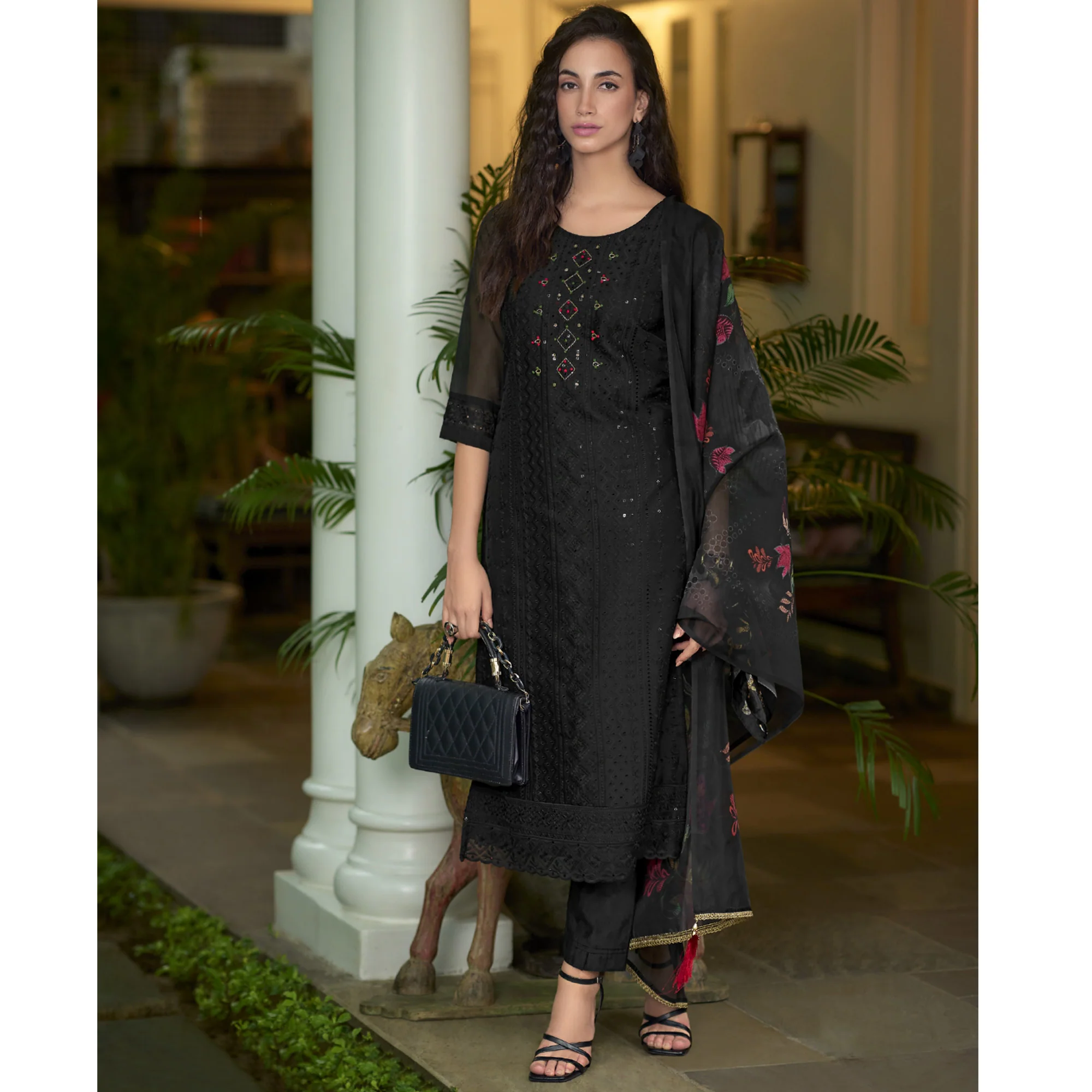 Black Chikankari With Handwork Organza Salwar Suit - Image 4