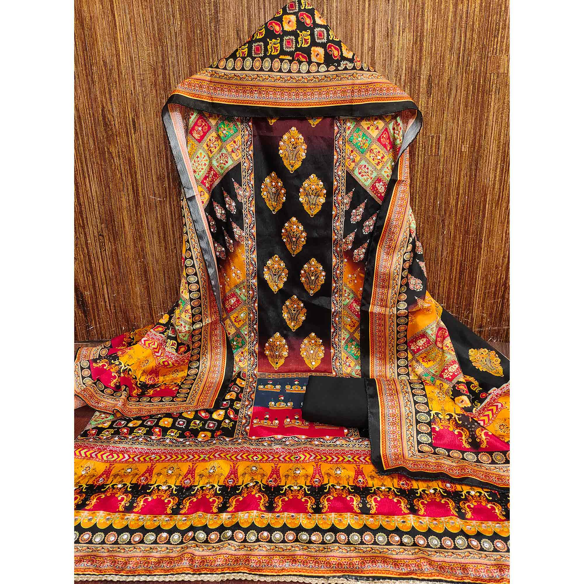 Black Chinon Dress Material With Reflective Mirror Work & Floral Prints - Image 4