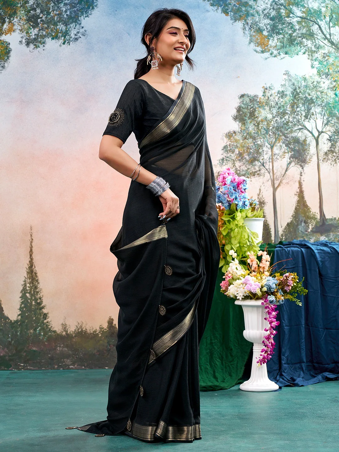Black Chinon Saree Featuring Classic Golden Zari Border with Smooth Solid Finish