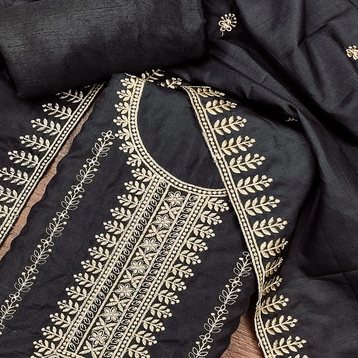Black Cotton Blend Dress Material with Delicate Floral Zari Embroidery - Image 2