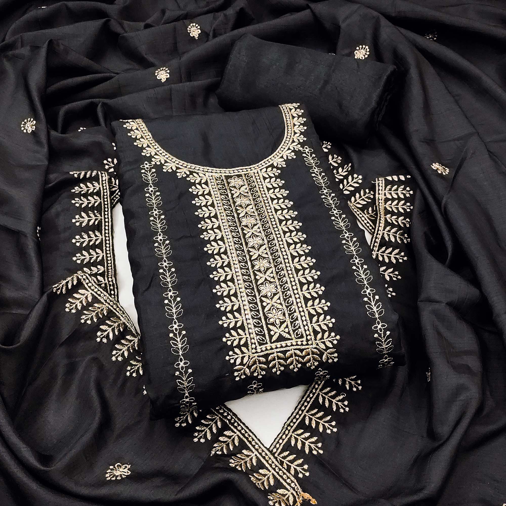 Black Cotton Blend Dress Material with Delicate Floral Zari Embroidery - Image 3