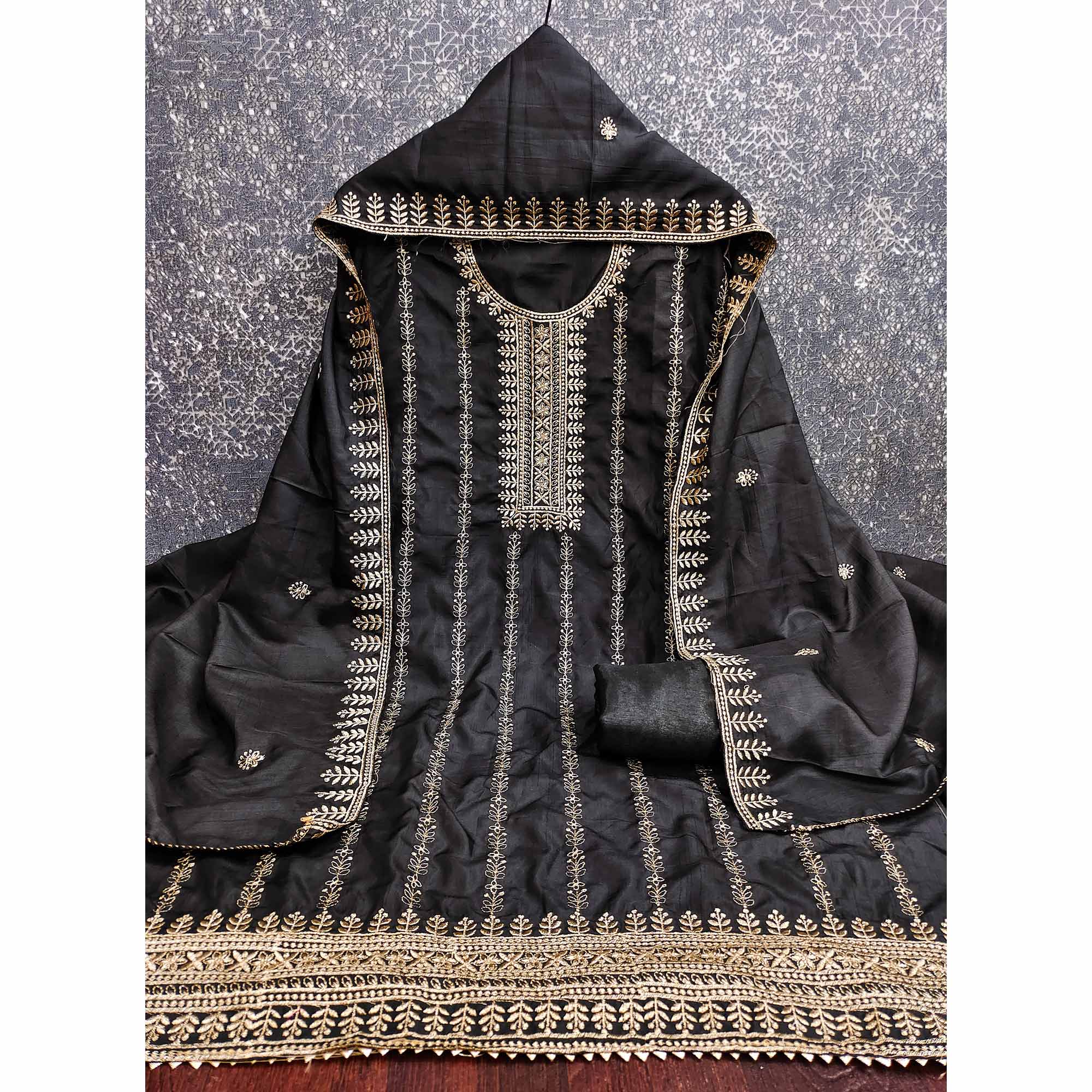 Black Cotton Blend Dress Material with Delicate Floral Zari Embroidery - Image 4