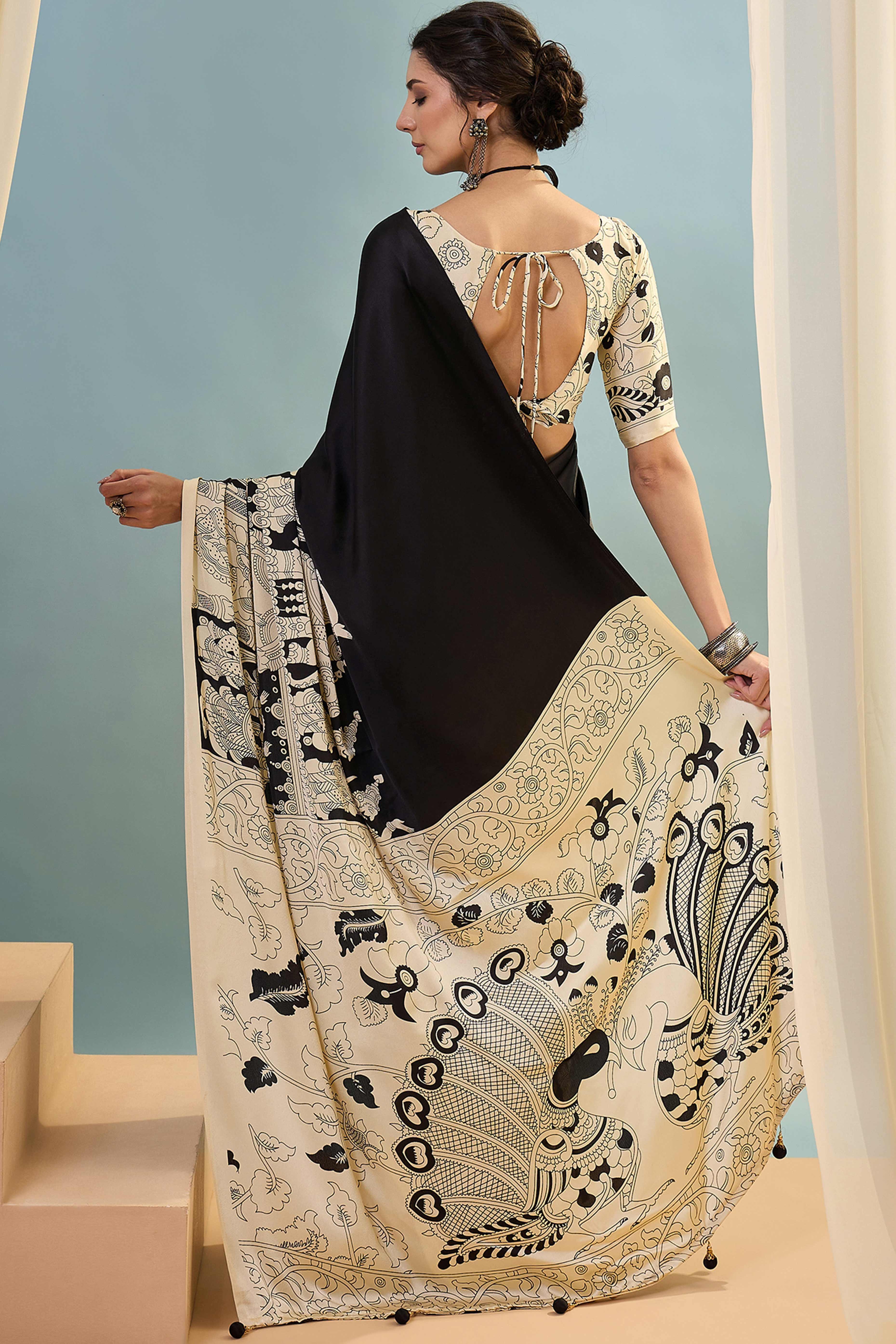 Black & Cream Kalamkari Style Modal Satin Saree Featuring Intricate Artistic Prints - Image 5