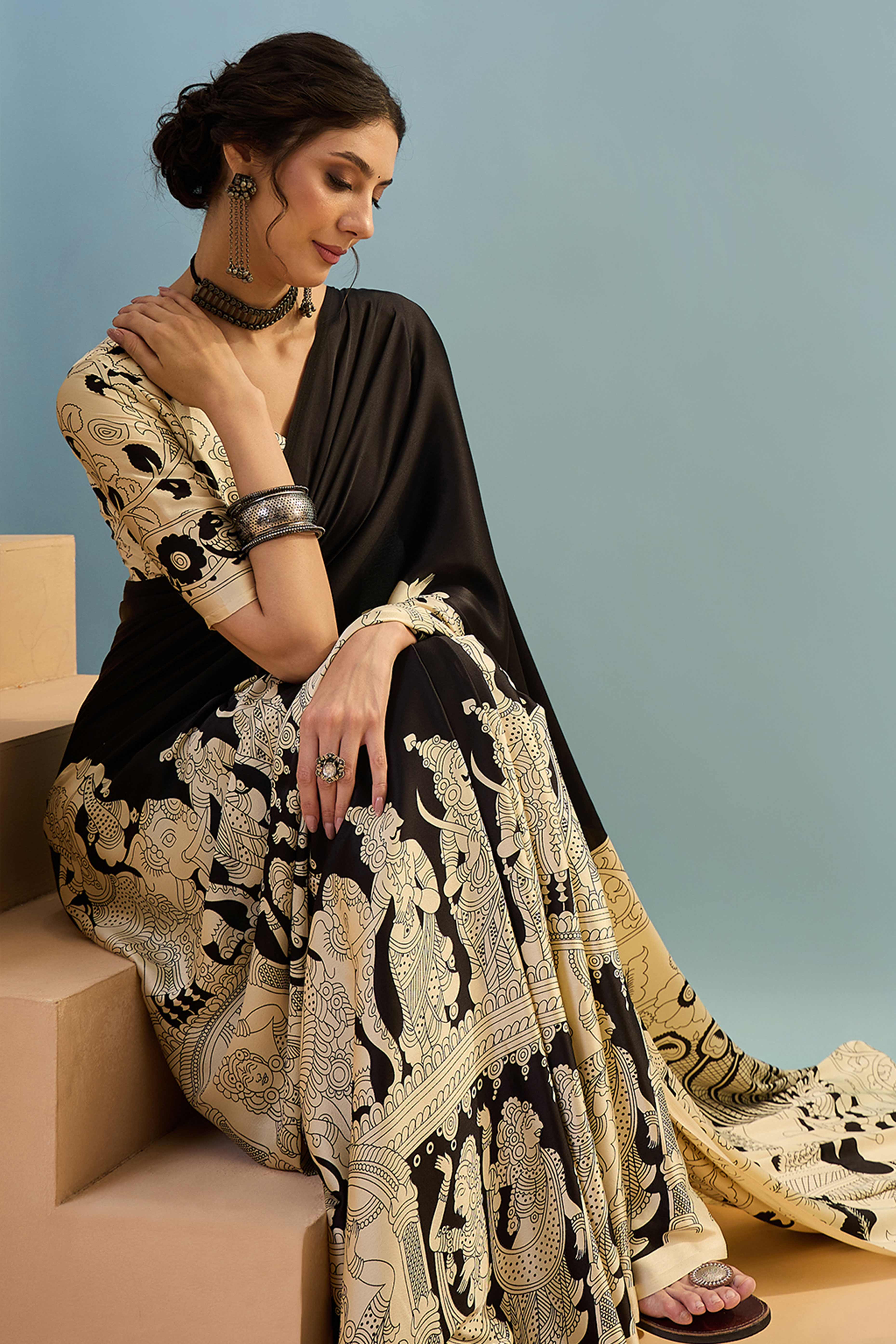 Black & Cream Kalamkari Style Modal Satin Saree Featuring Intricate Artistic Prints - Image 6