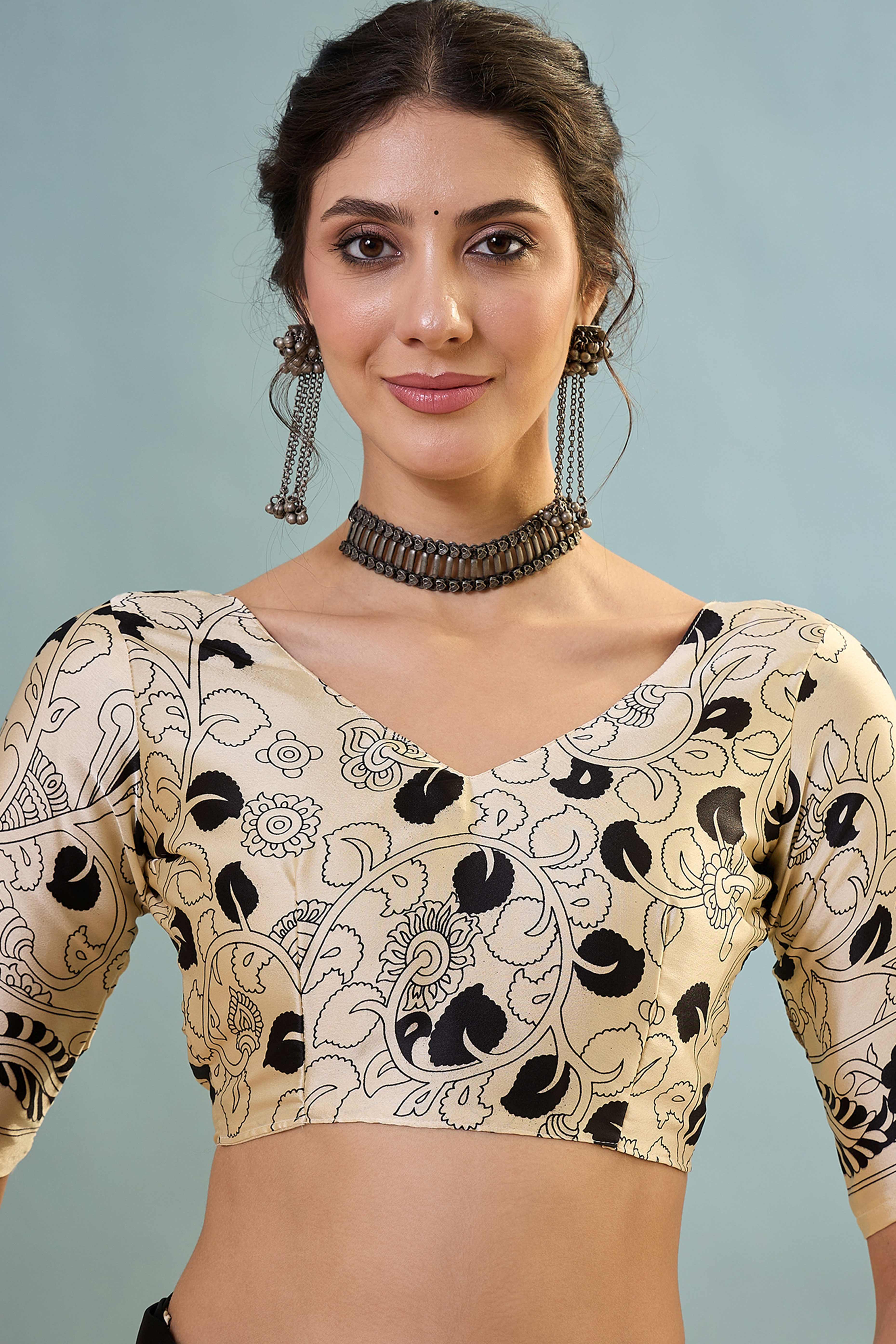 Black & Cream Kalamkari Style Modal Satin Saree Featuring Intricate Artistic Prints - Image 8
