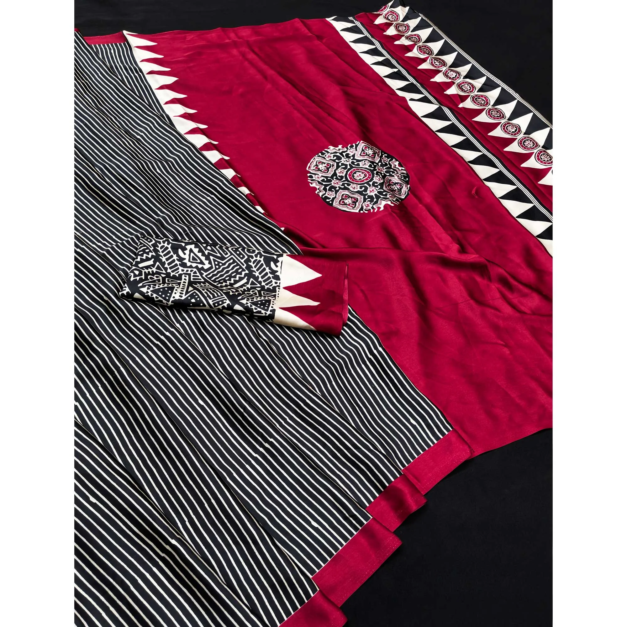 Black Crepe Silk Saree with Exquisite Ajrakh Pallu Detailing for Elegant Ethnic Styling - Image 3