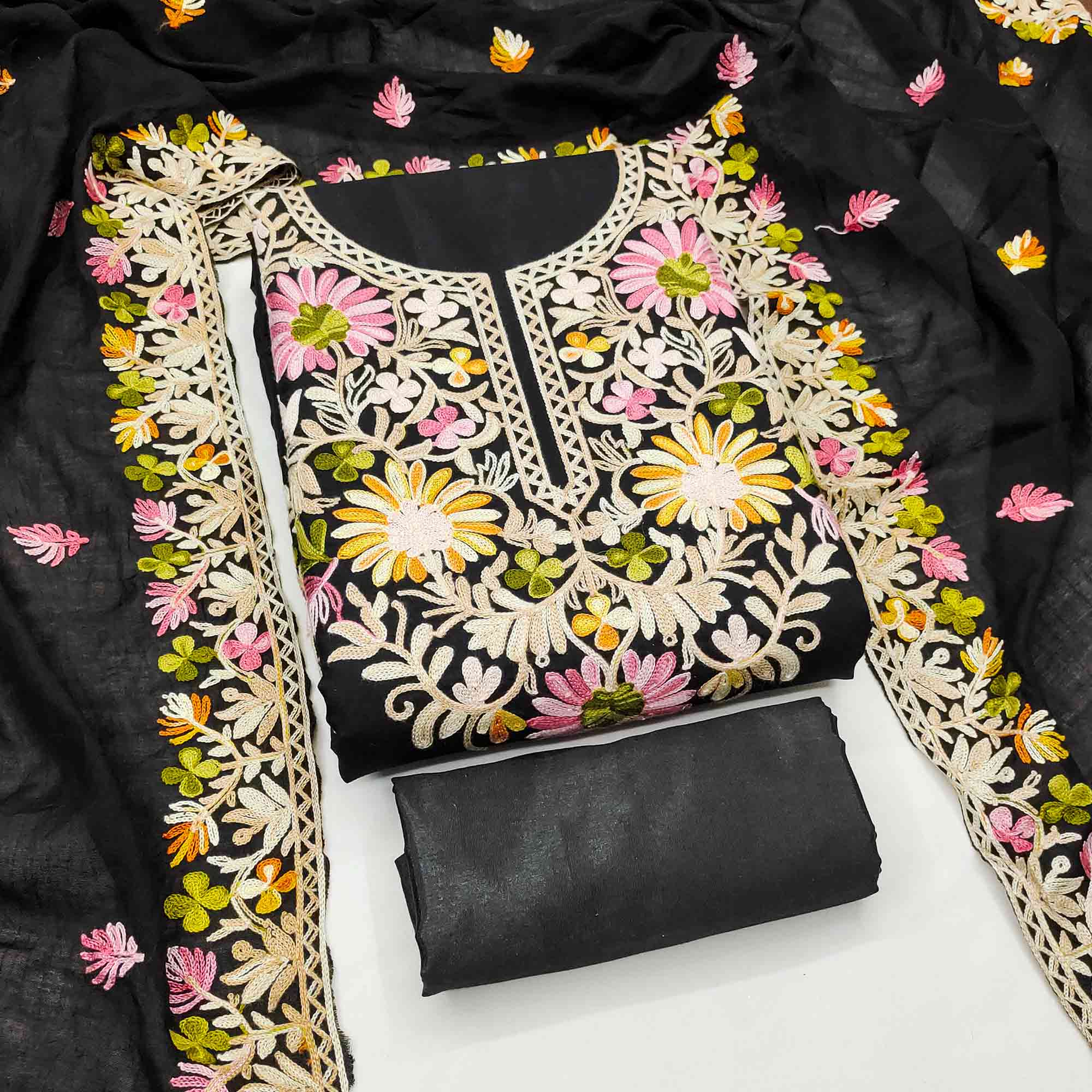 Black Designer Roman Art Silk Dress Material Adorned With Floral Thread Embroidery Work - Image 3
