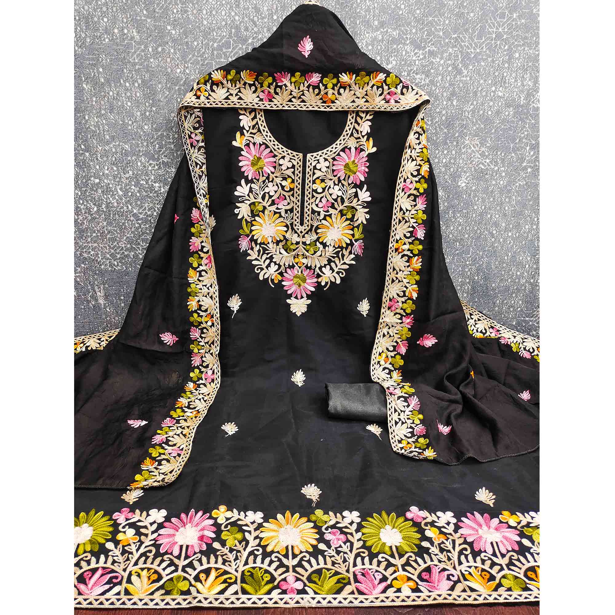 Black Designer Roman Art Silk Dress Material Adorned With Floral Thread Embroidery Work - Image 4