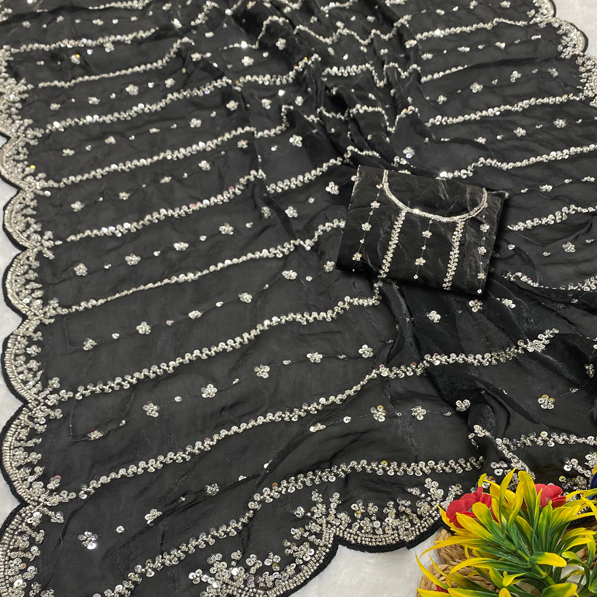 Black Designer Satin Partywear Saree Enhanced with Sparkling Sequins Work - Image 2