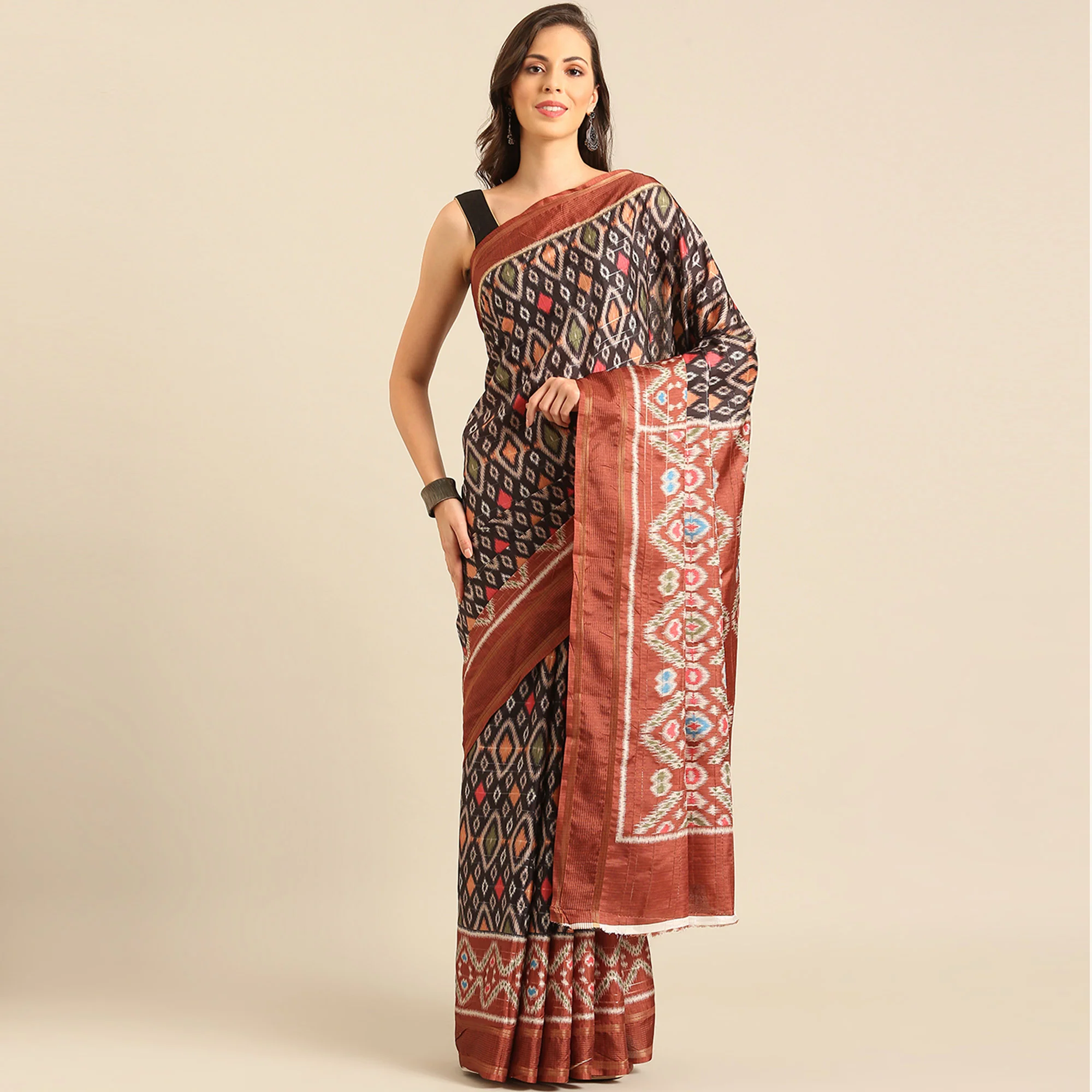 Black Digital Patola Printed Cotton Blend Saree - Image 2