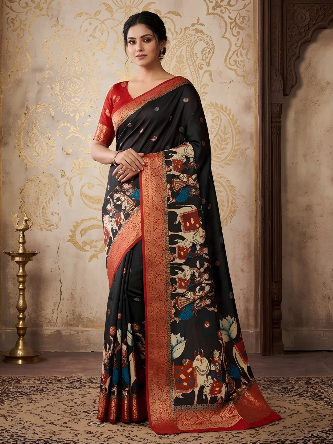 Black Digital Printed Dola Silk Saree With Woven Jacquard Border