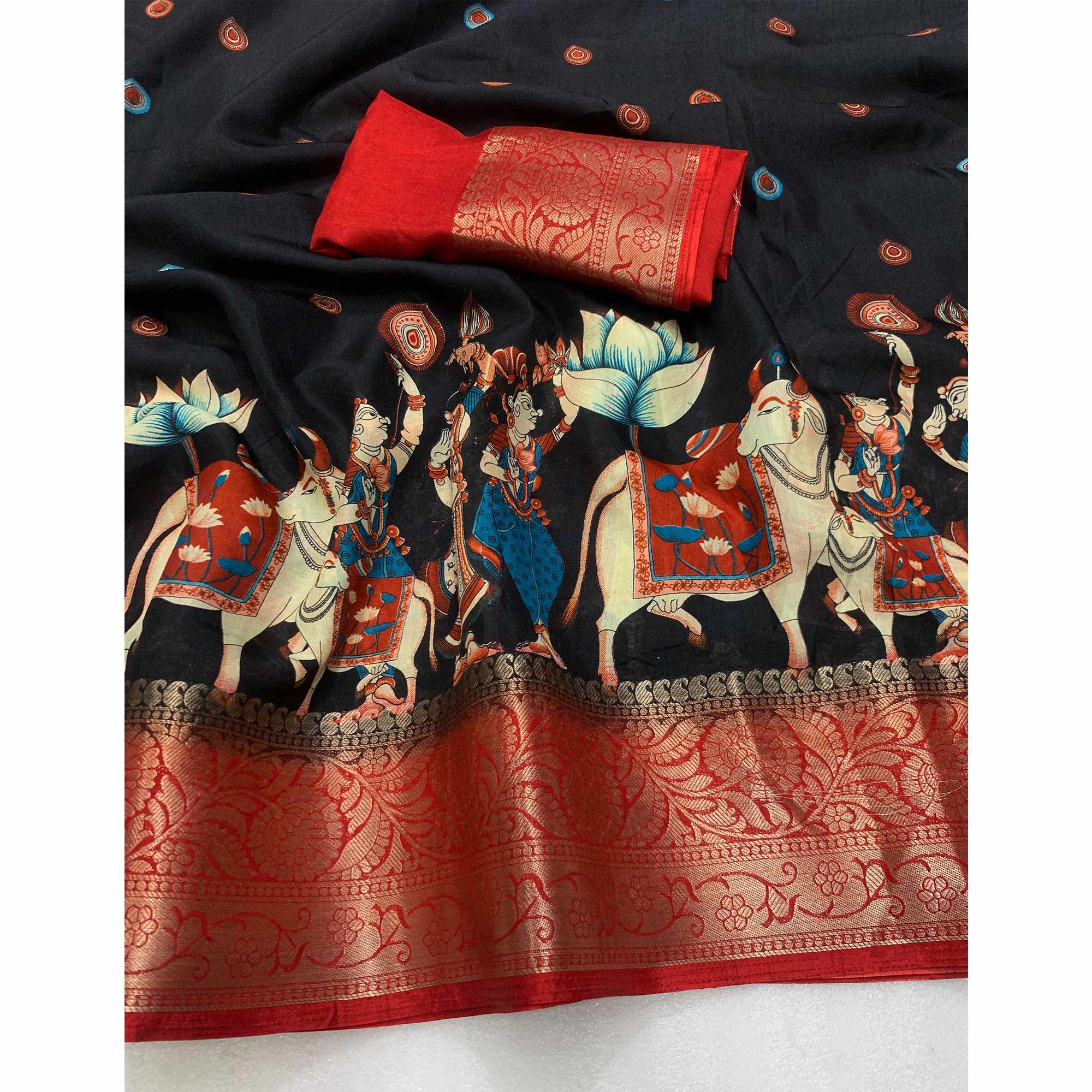Black Digital Printed Dola Silk Saree With Woven Jacquard Border - Image 2