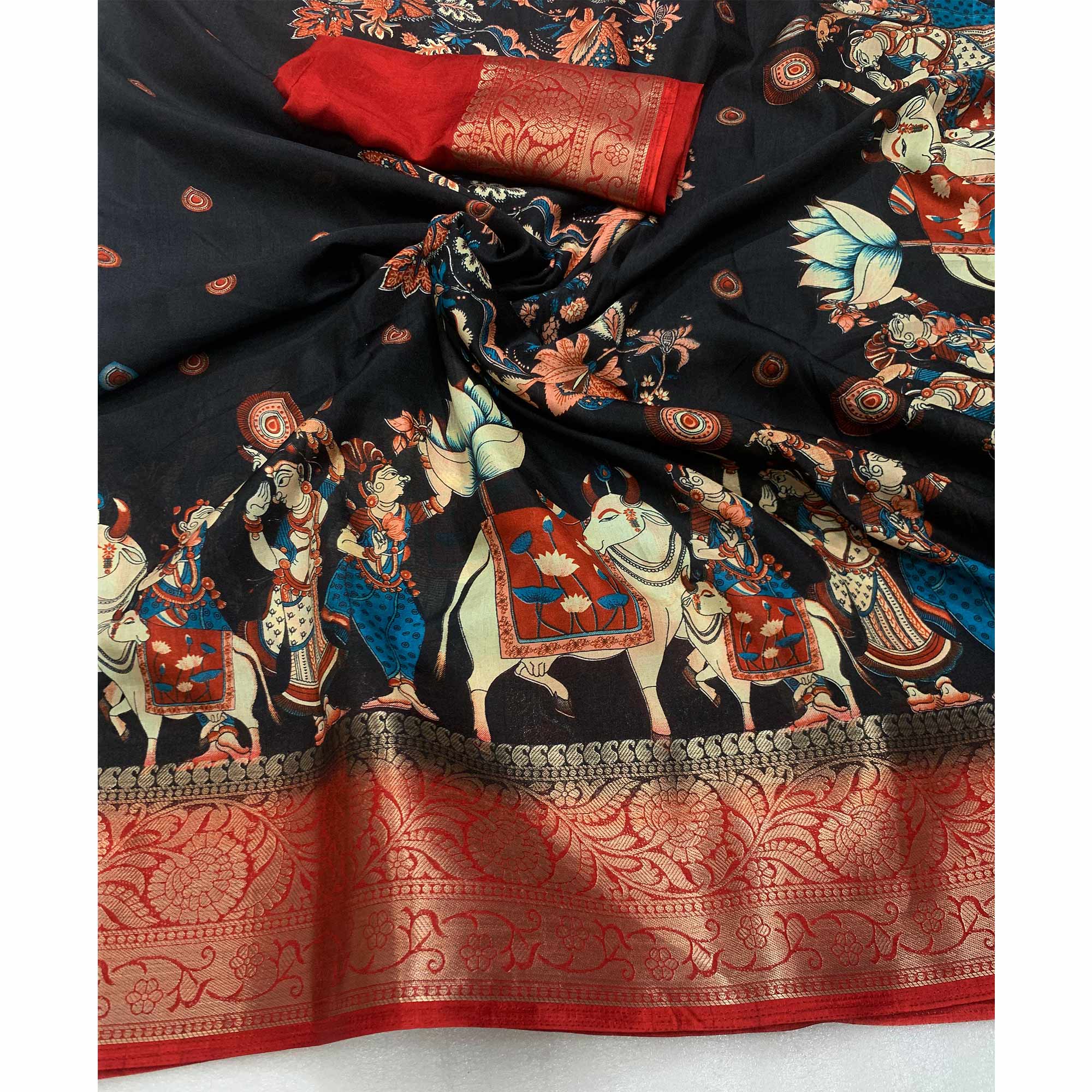 Black Digital Printed Dola Silk Saree With Woven Jacquard Border - Image 3