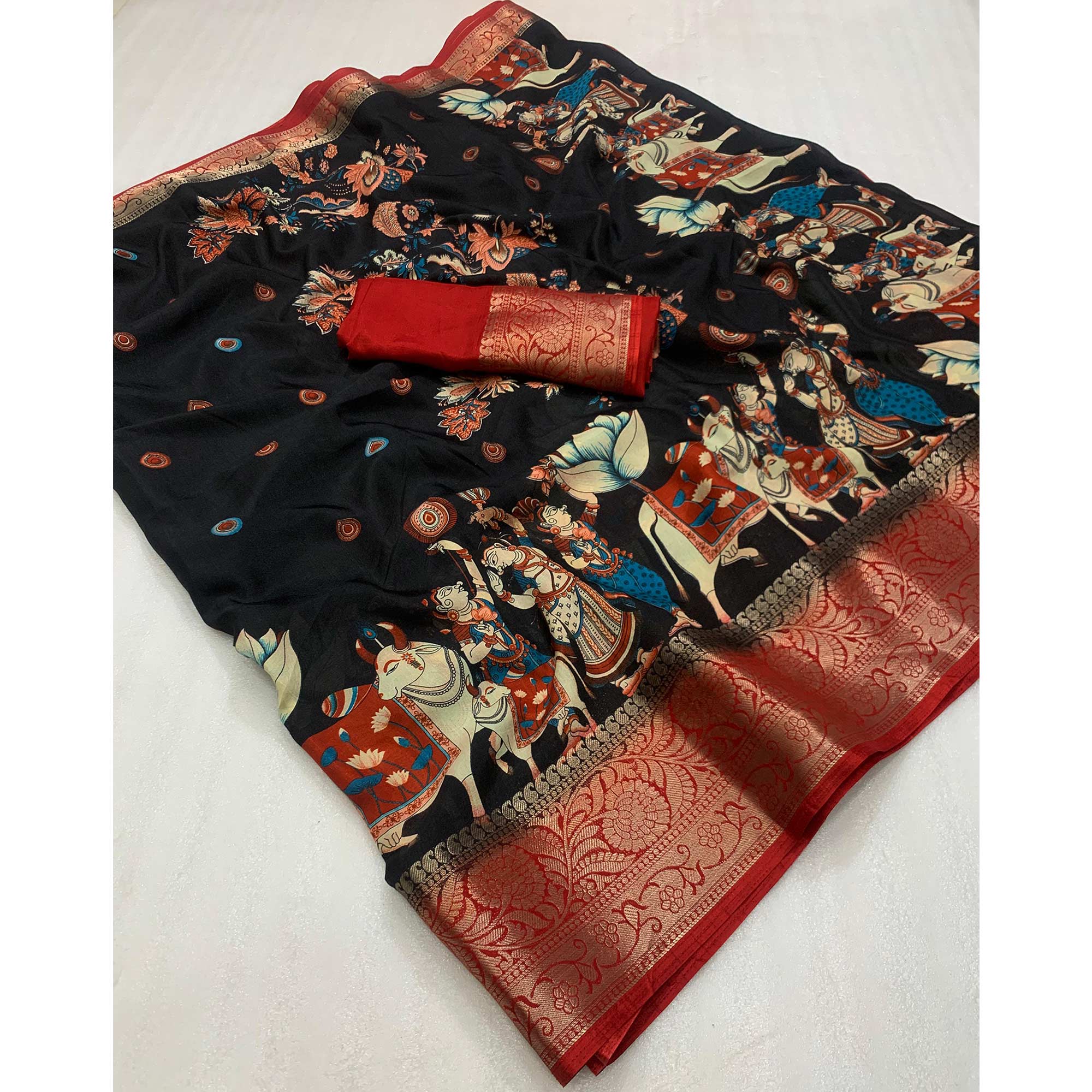 Black Digital Printed Dola Silk Saree With Woven Jacquard Border - Image 4
