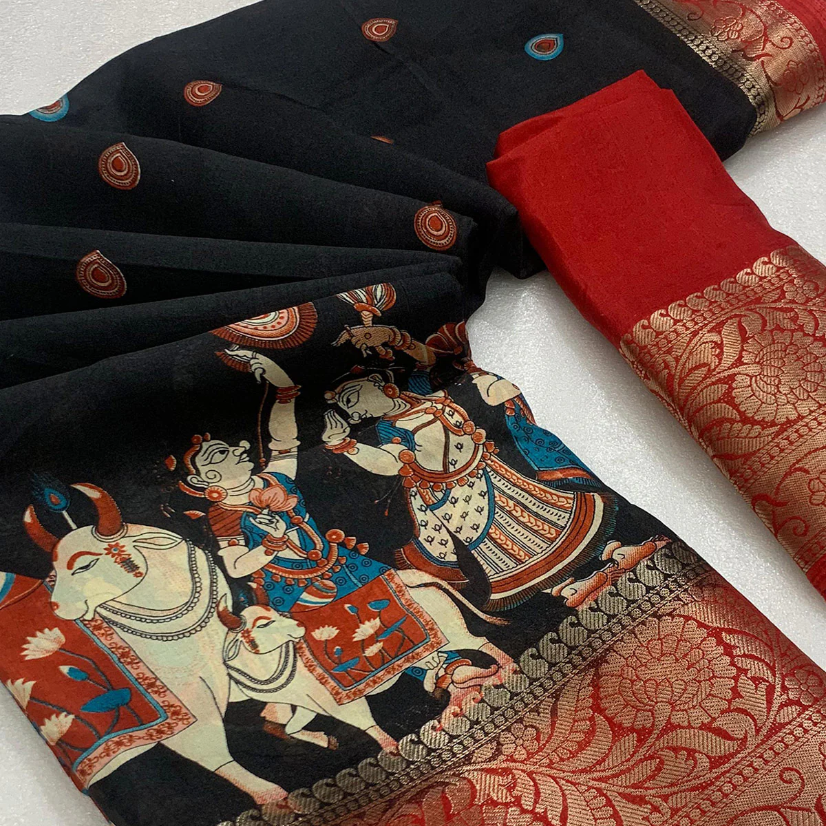 Black Digital Printed Dola Silk Saree With Woven Jacquard Border - Image 5