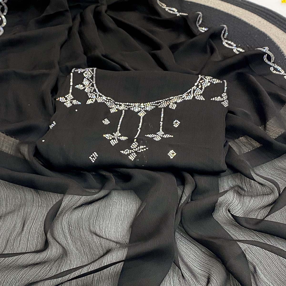 Black Embellished Chiffon Saree with Sparkling Swarovski Details - Image 2