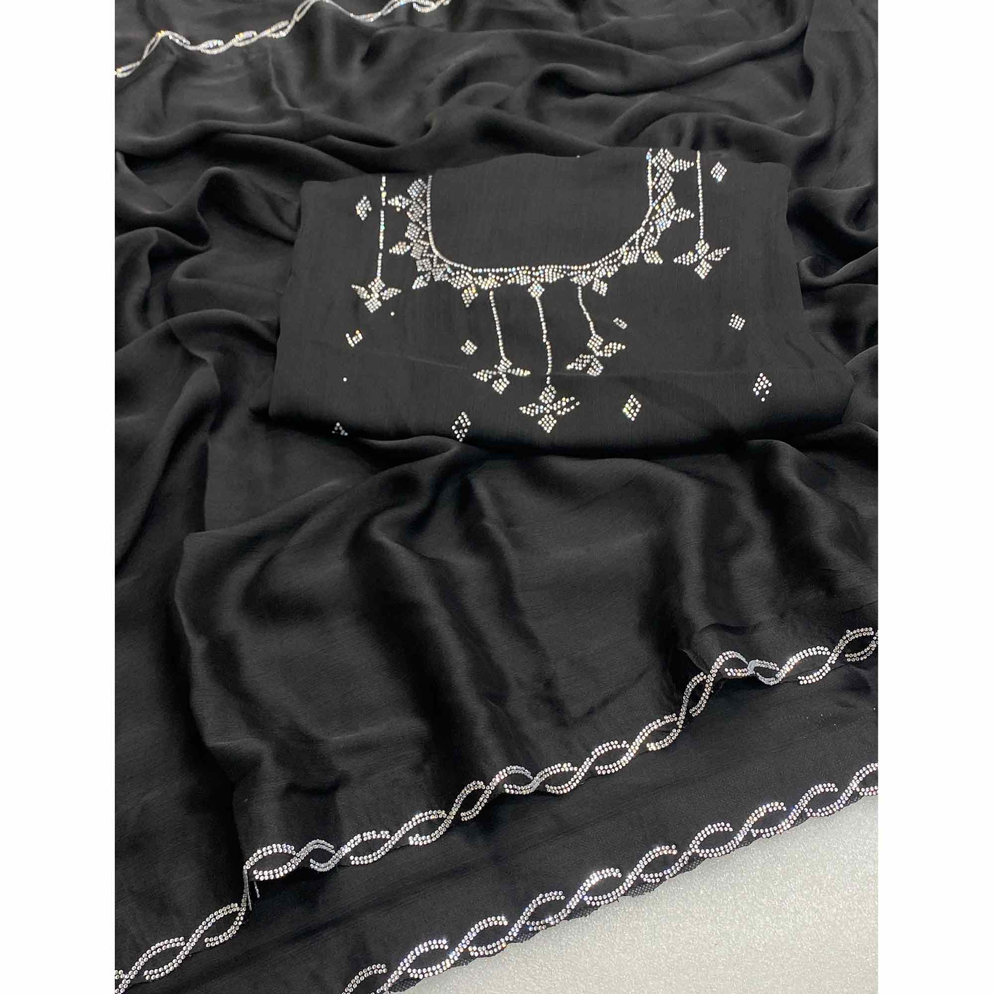 Black Embellished Chiffon Saree with Sparkling Swarovski Details - Image 3