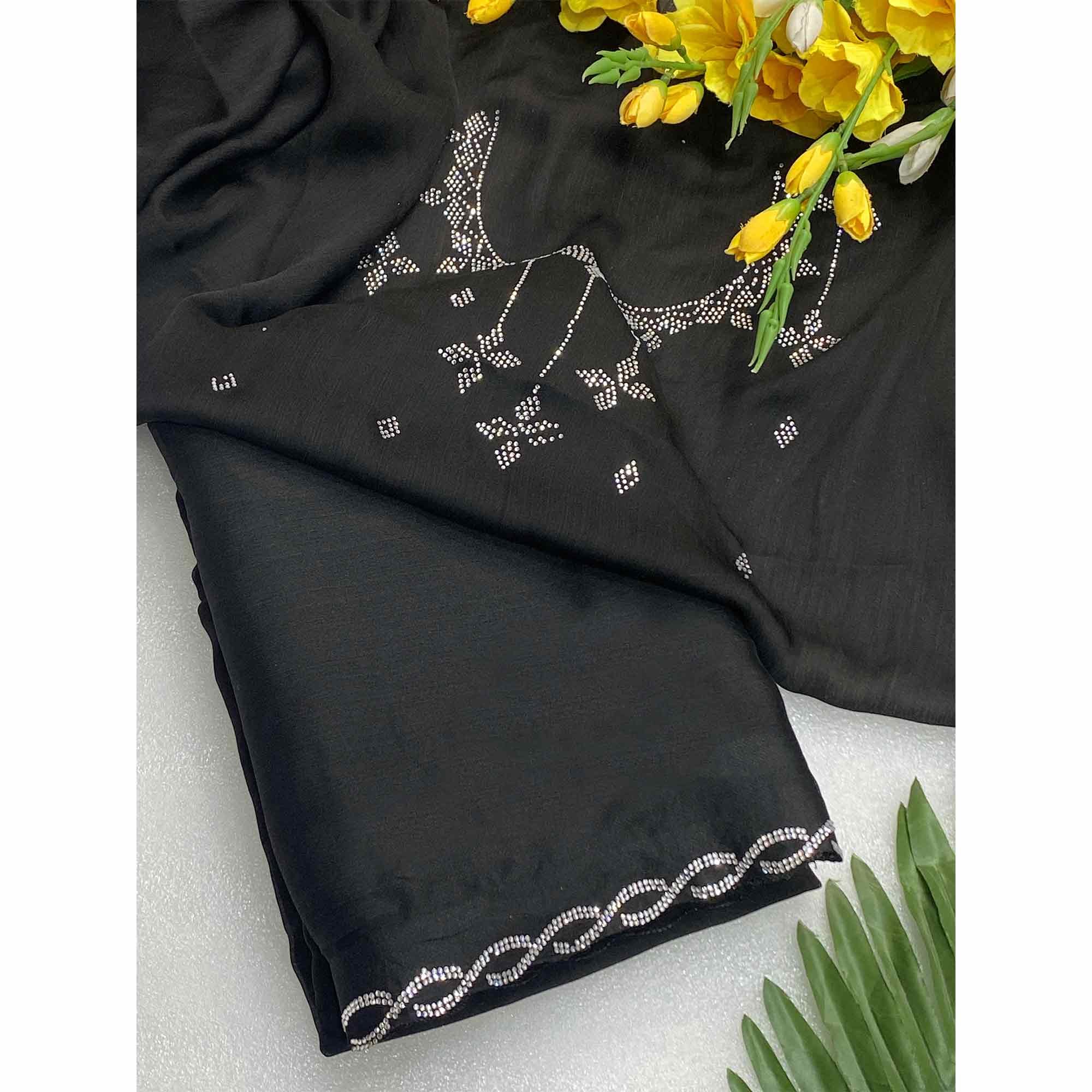 Black Embellished Chiffon Saree with Sparkling Swarovski Details - Image 4