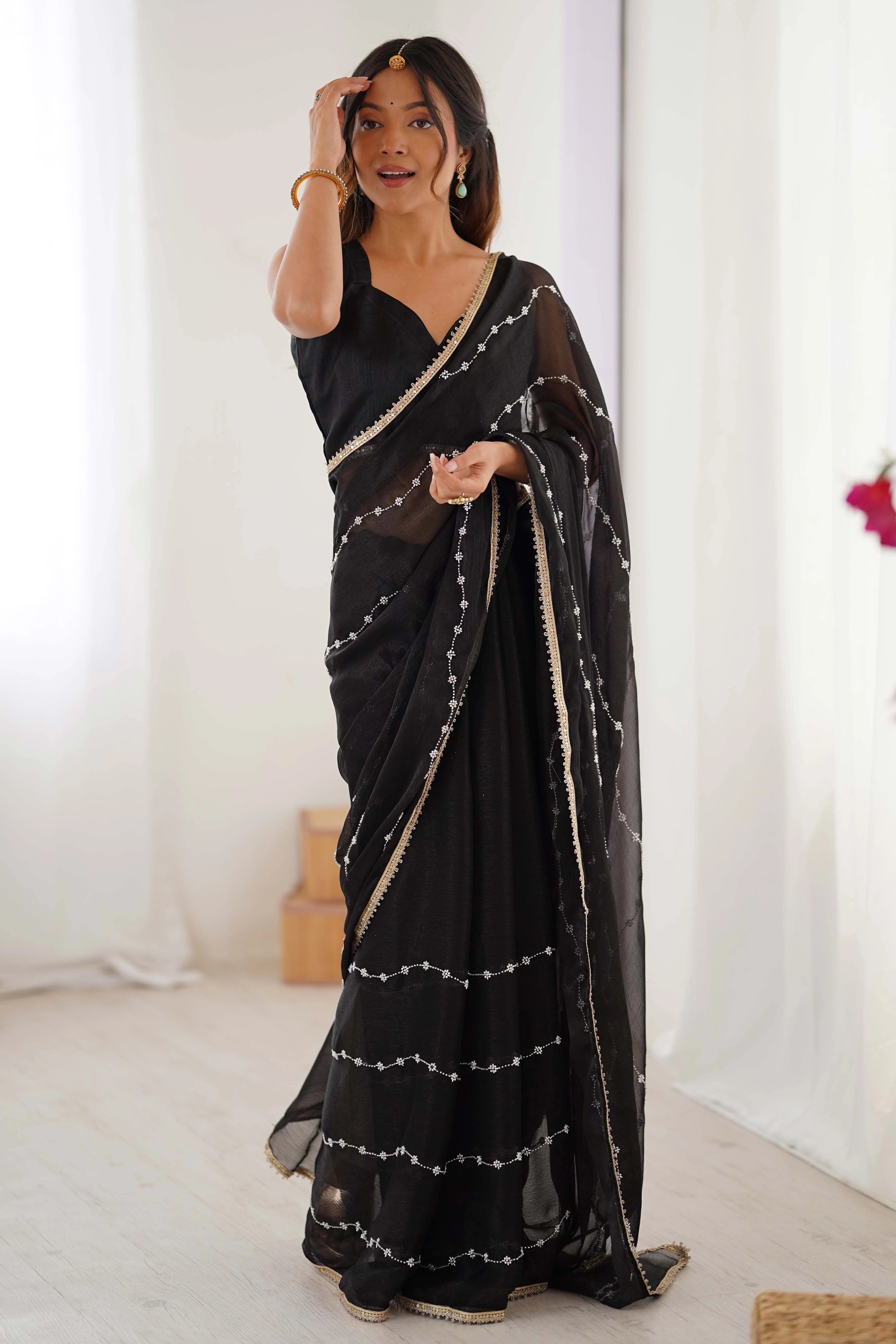 Black Embellished Organza Saree With Delicate Linear Beads & Stones detailing - Image 4