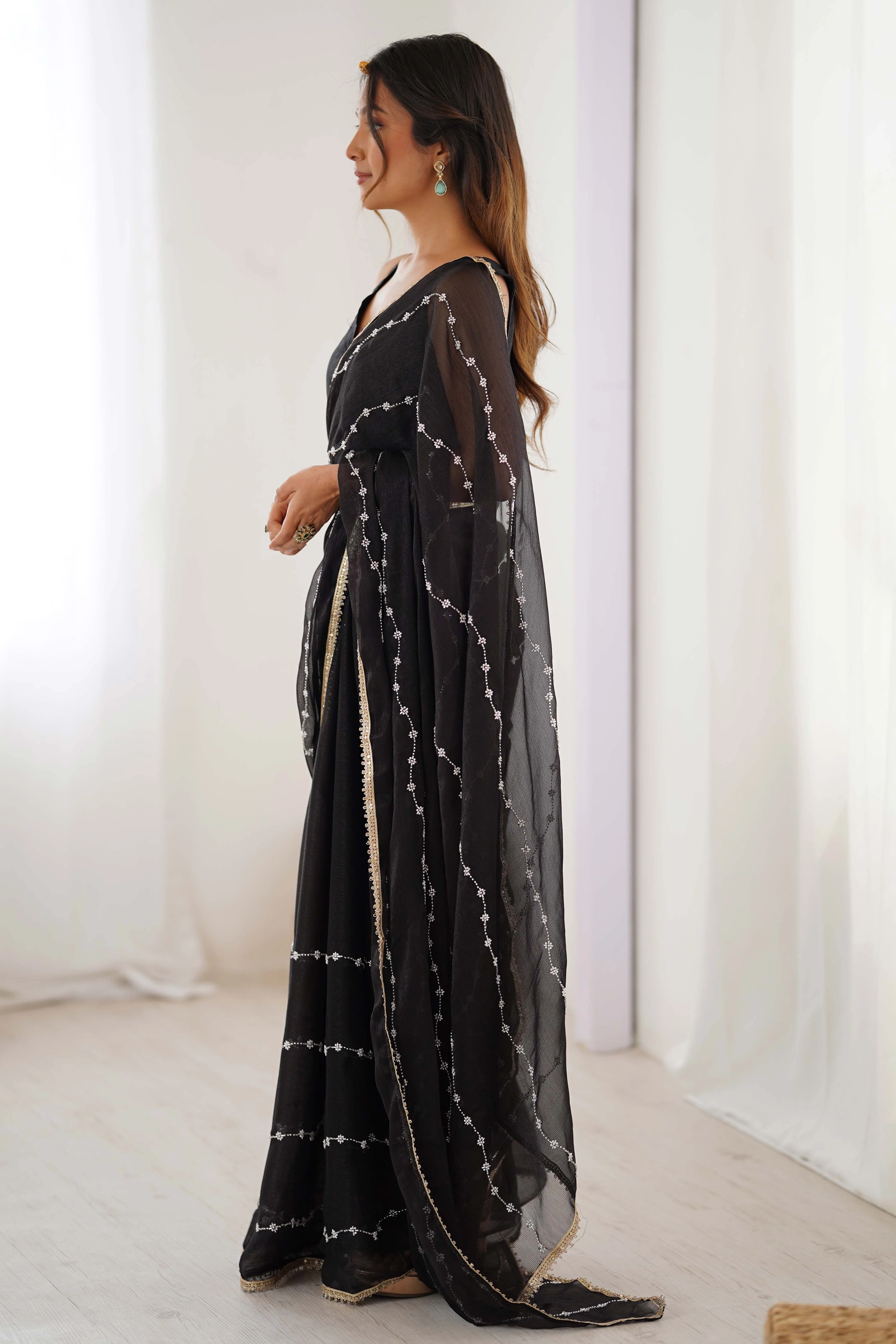 Black Embellished Organza Saree With Delicate Linear Beads & Stones detailing - Image 7