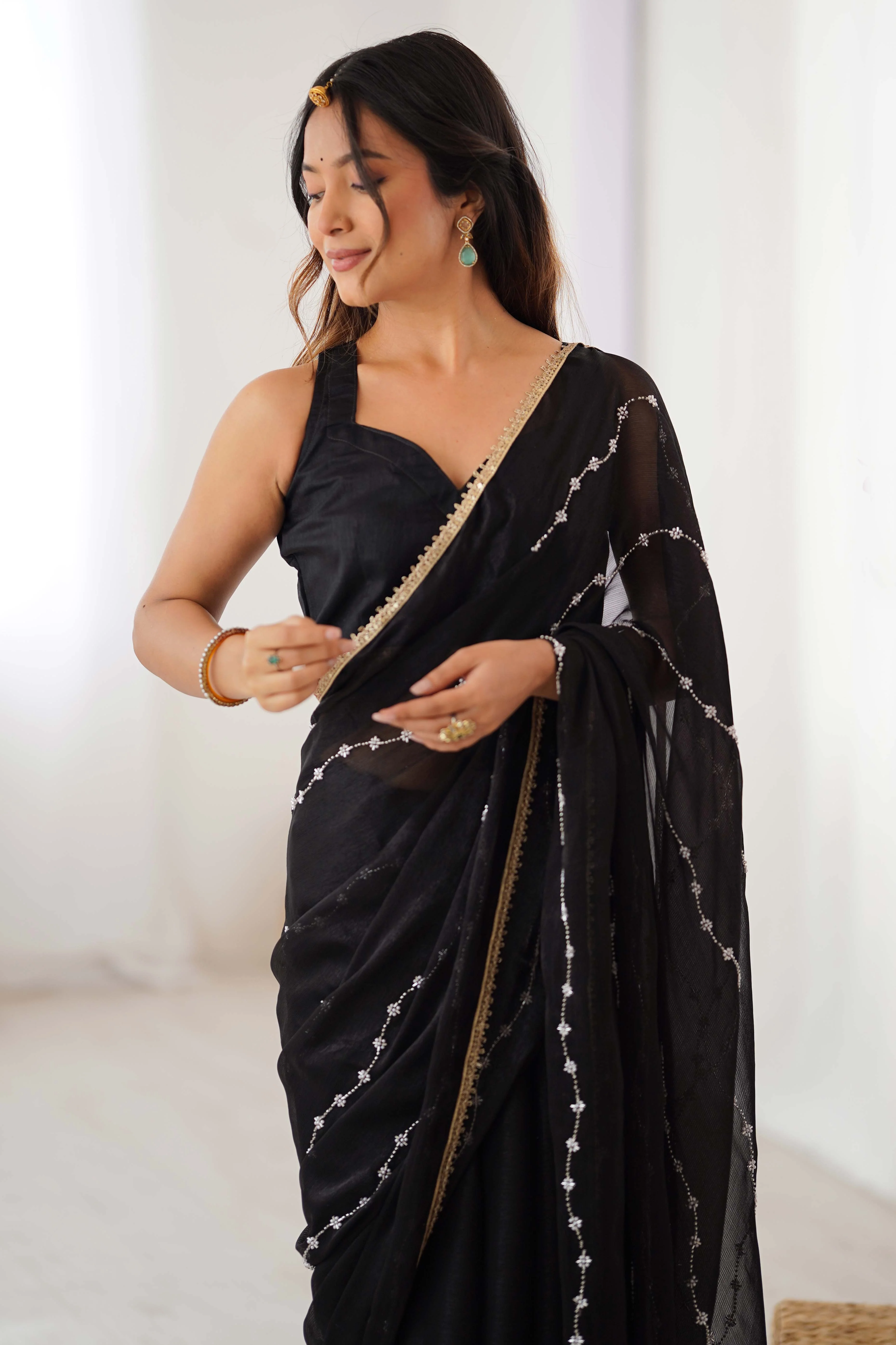 Black Embellished Organza Saree With Delicate Linear Beads & Stones detailing - Image 8