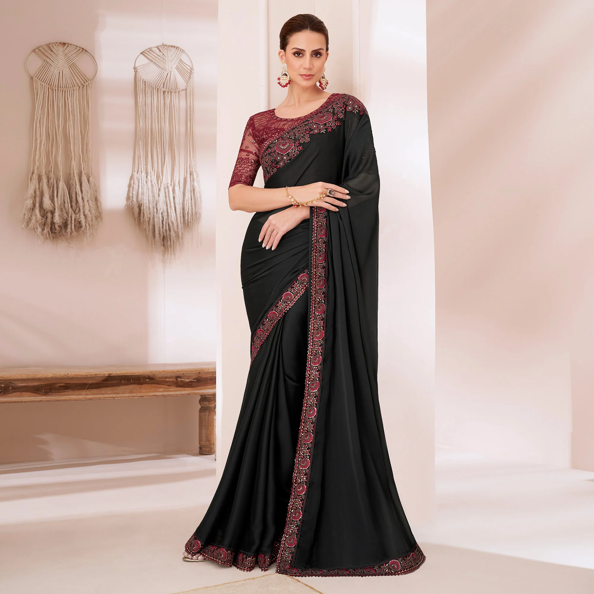 Black Embroidered Chiffon Saree - Image 2