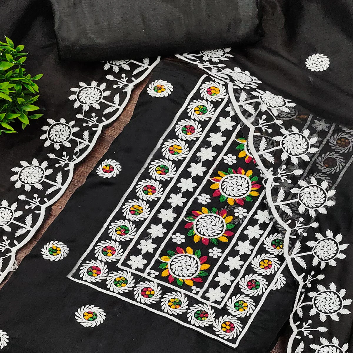 Black Embroidered Cotton Blend Suit Fabric with Soft Floral Detailing - Image 2