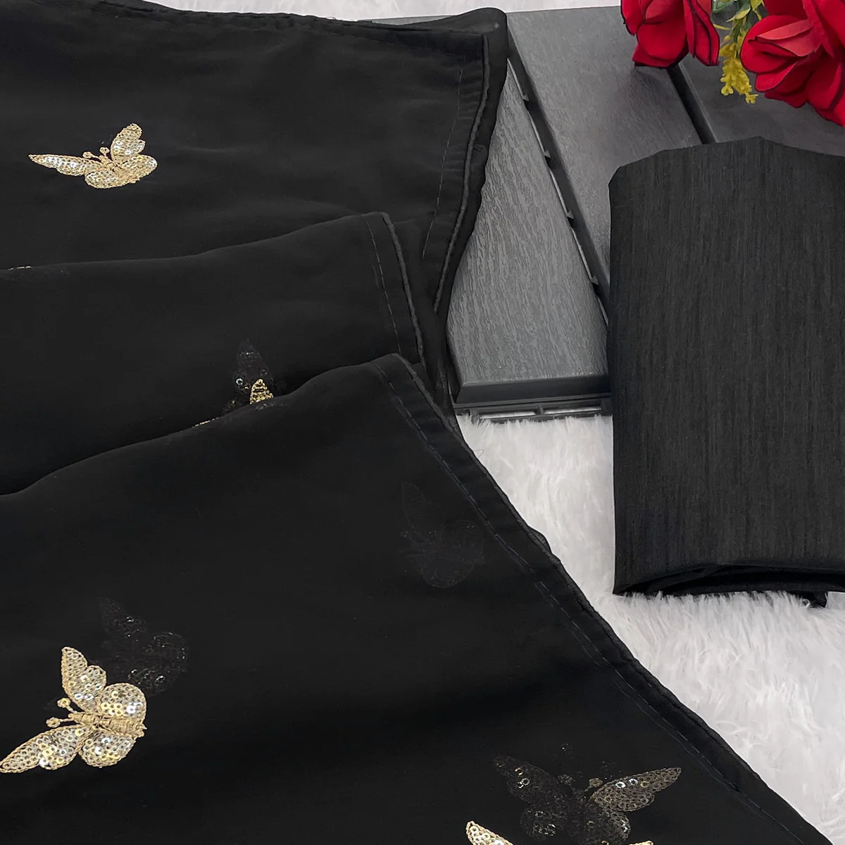 Black Embroidered Georgette Saree With Shimmering Butterfly Sequin Work - Image 2