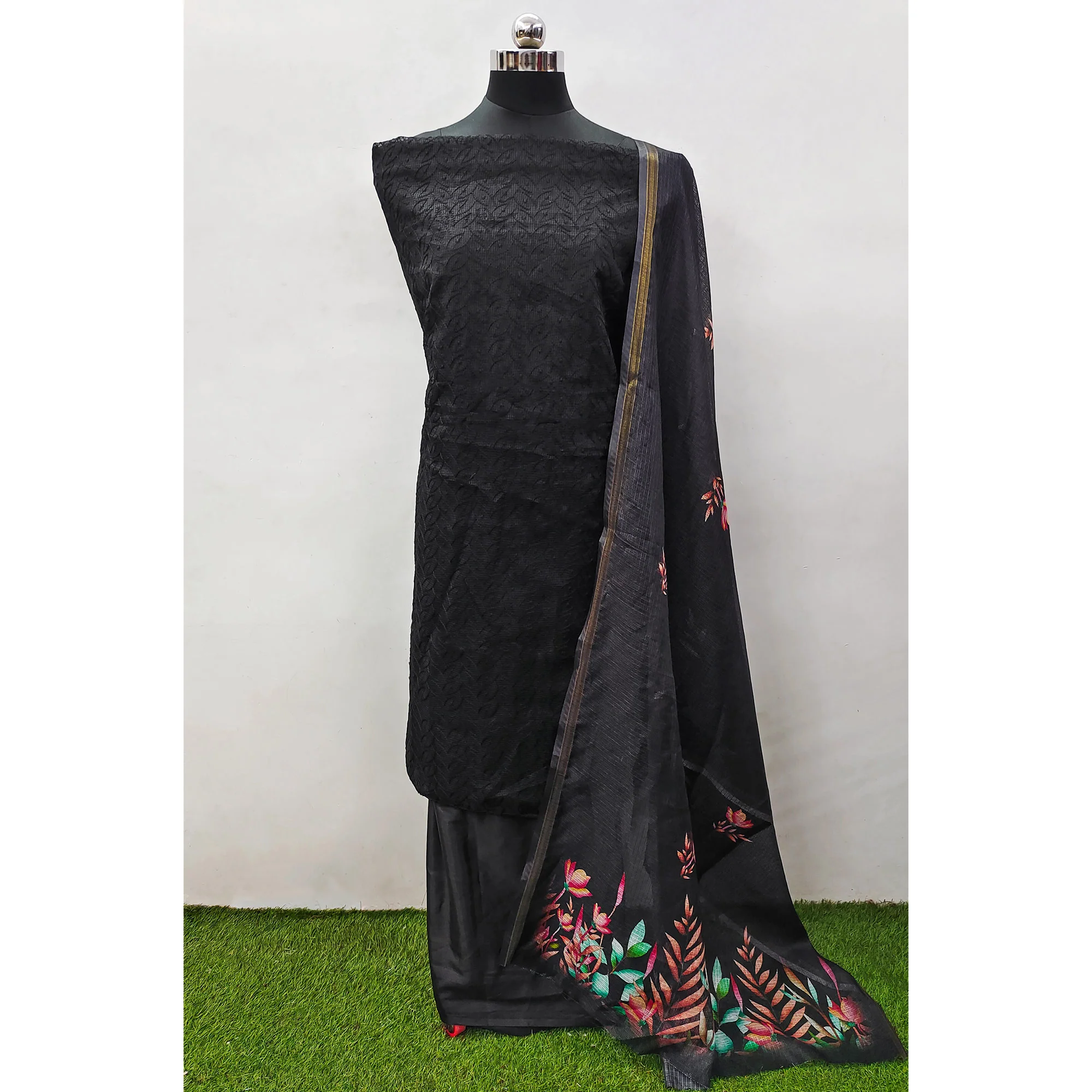 Black Embroidered Kota Doria Dress Material - Image 3