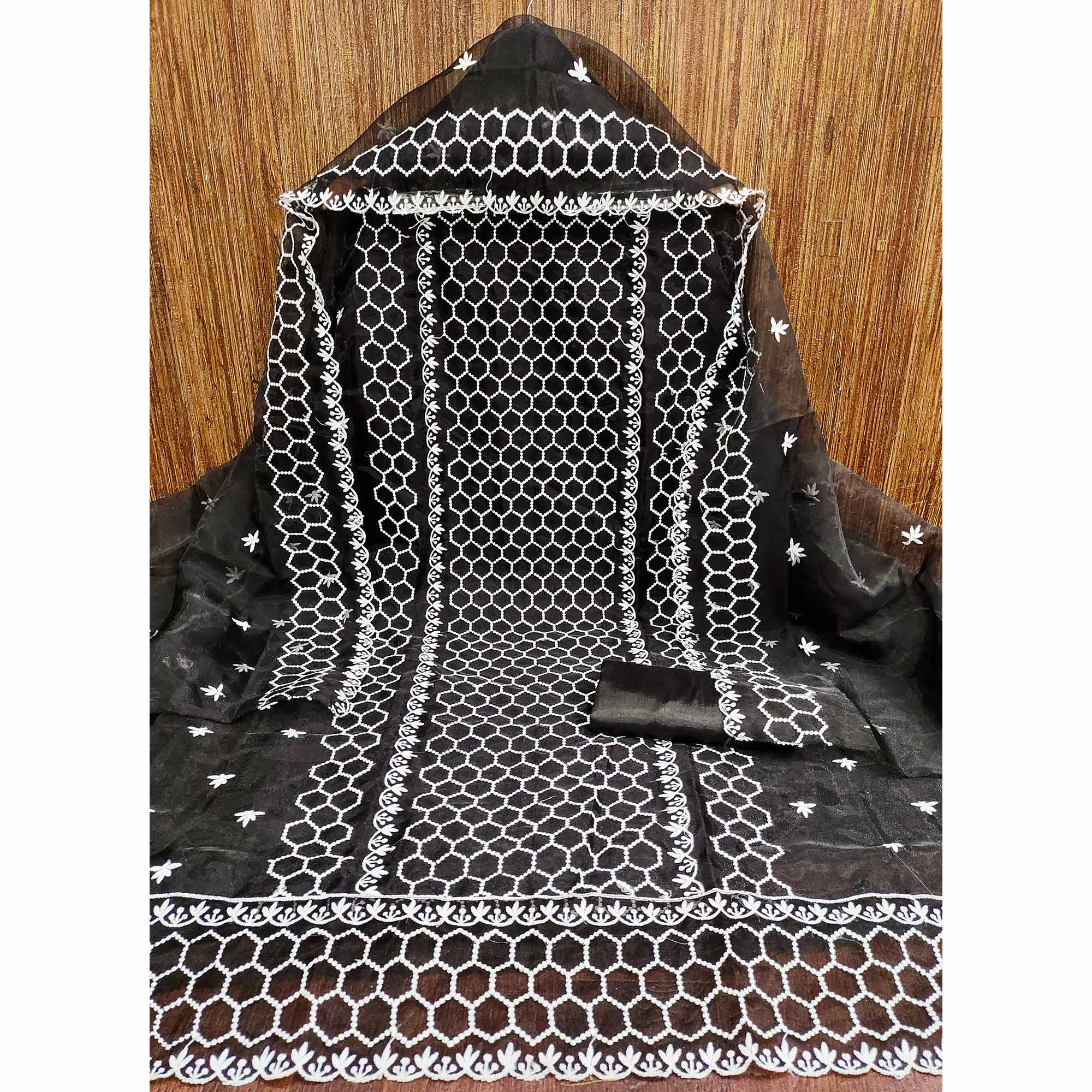 Black Embroidered Organza Dress Material - Image 3