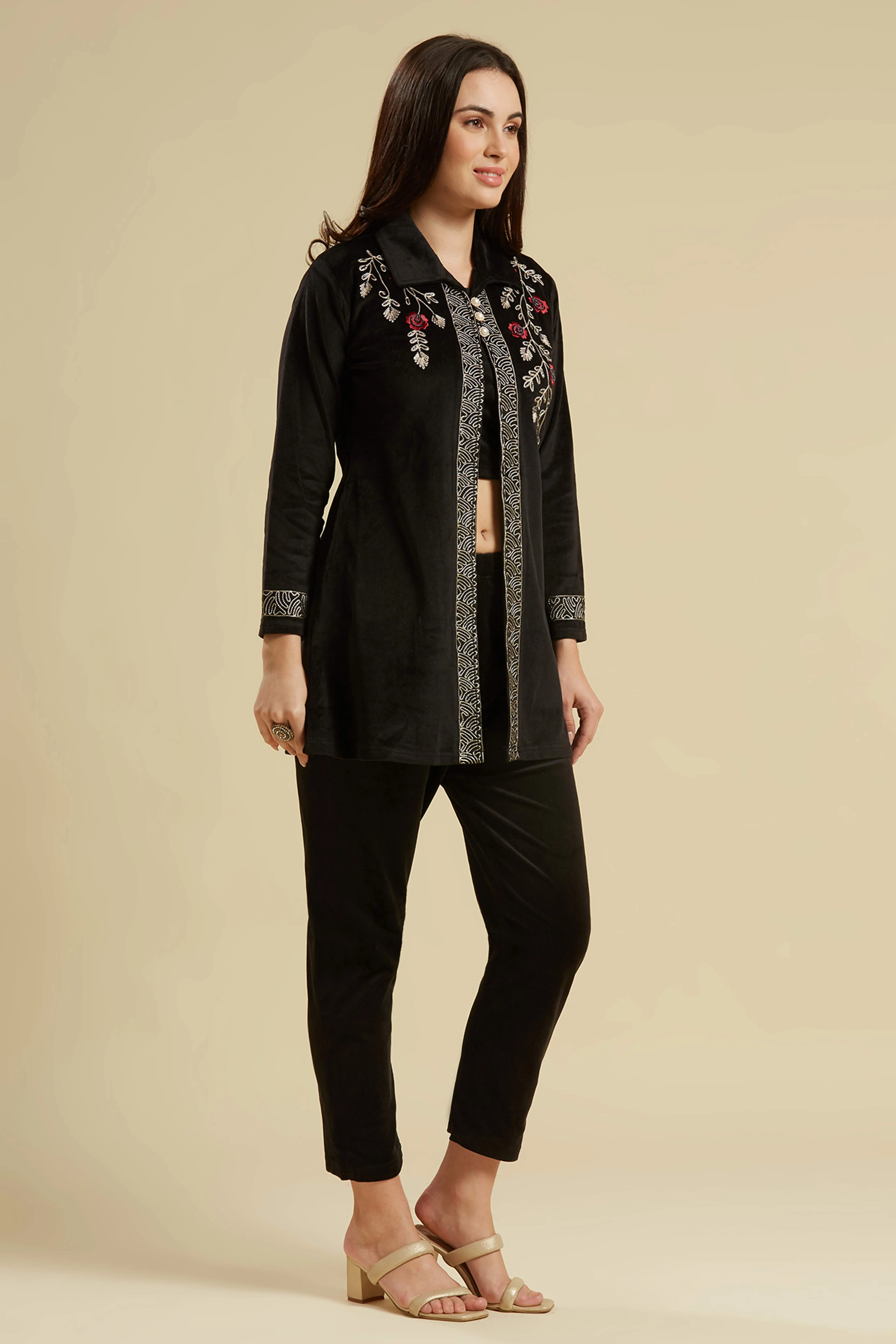 Black Embroidered Velvet Front Slit Top Bottom Set - Image 9