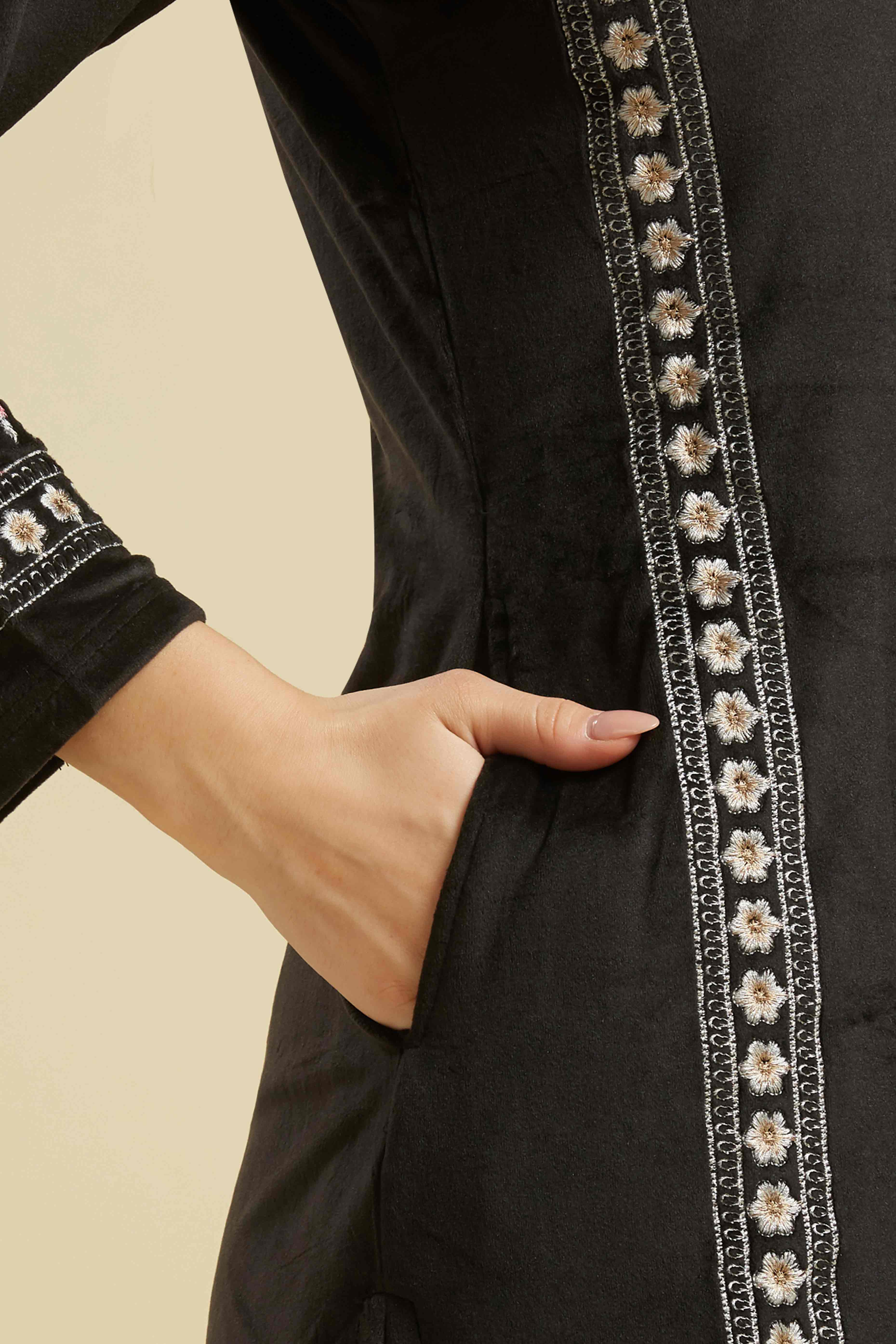 Black Embroidered Velvet Straight Salwar Suit - Image 10