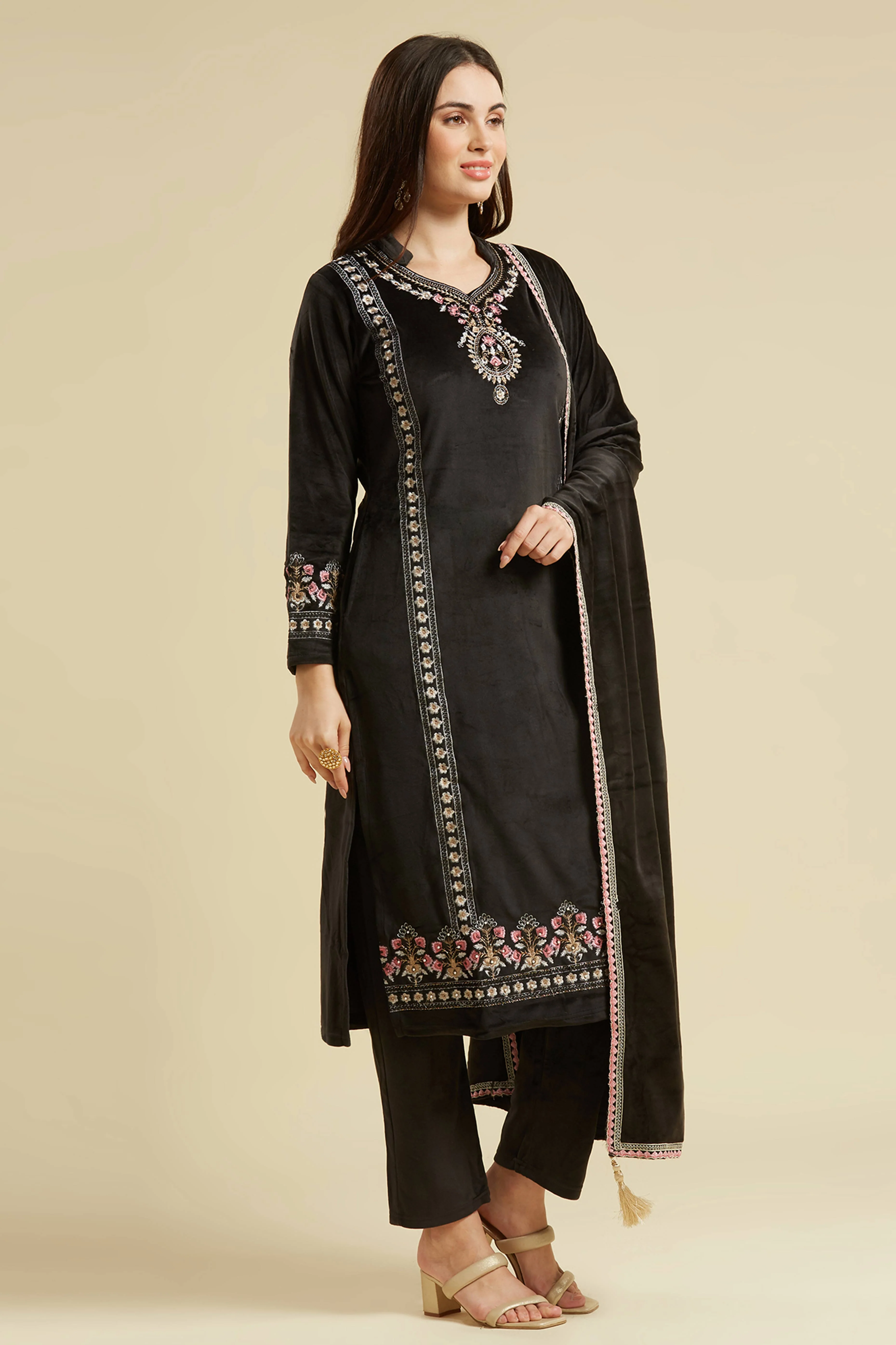 Black Embroidered Velvet Straight Salwar Suit - Image 4