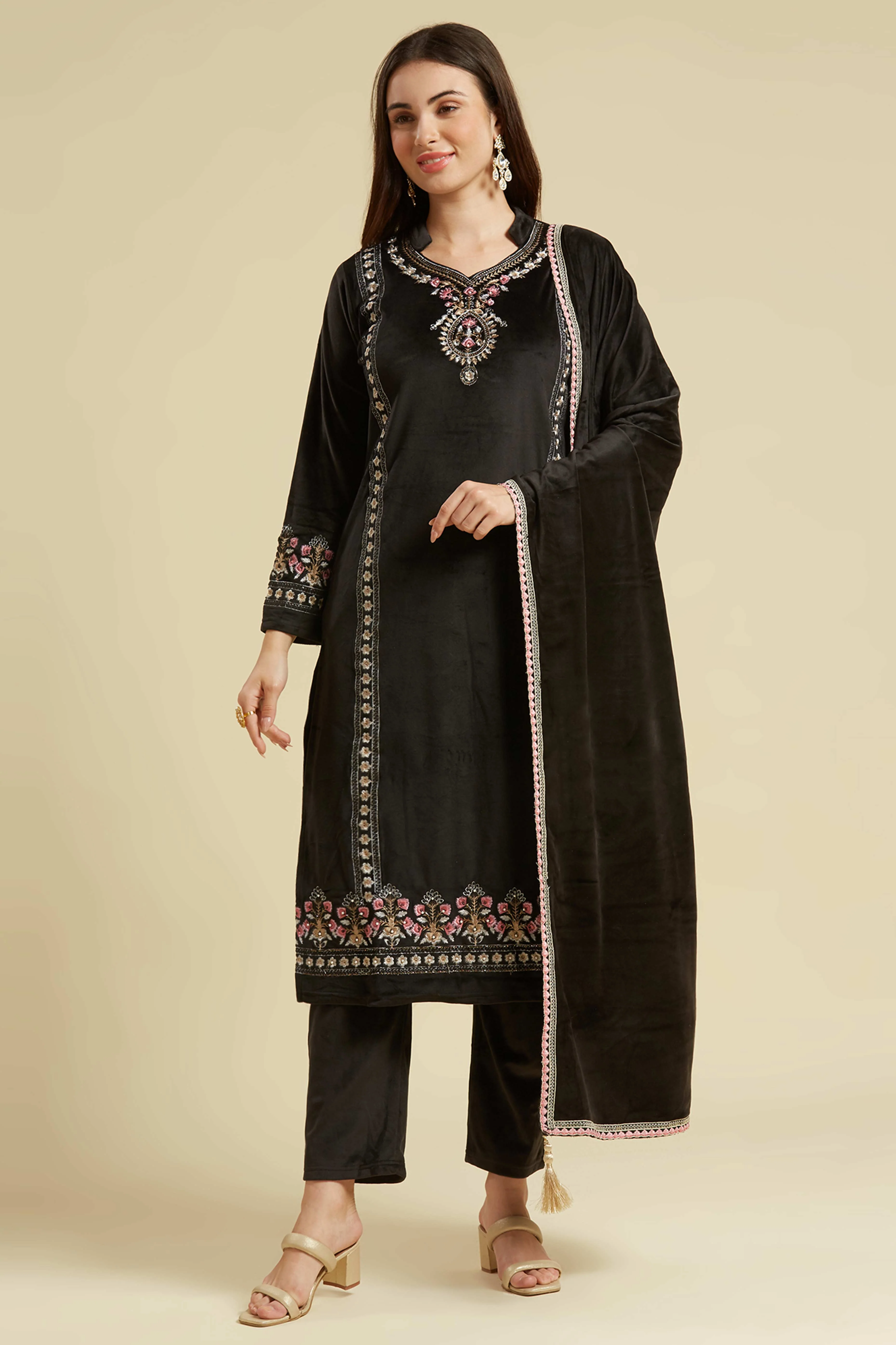 Black Embroidered Velvet Straight Salwar Suit - Image 6