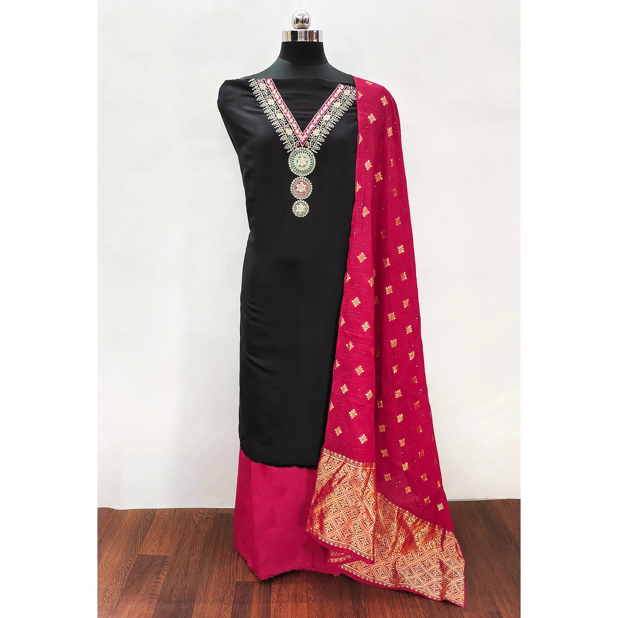Black Embroidered Viscose Dress Material - Image 3