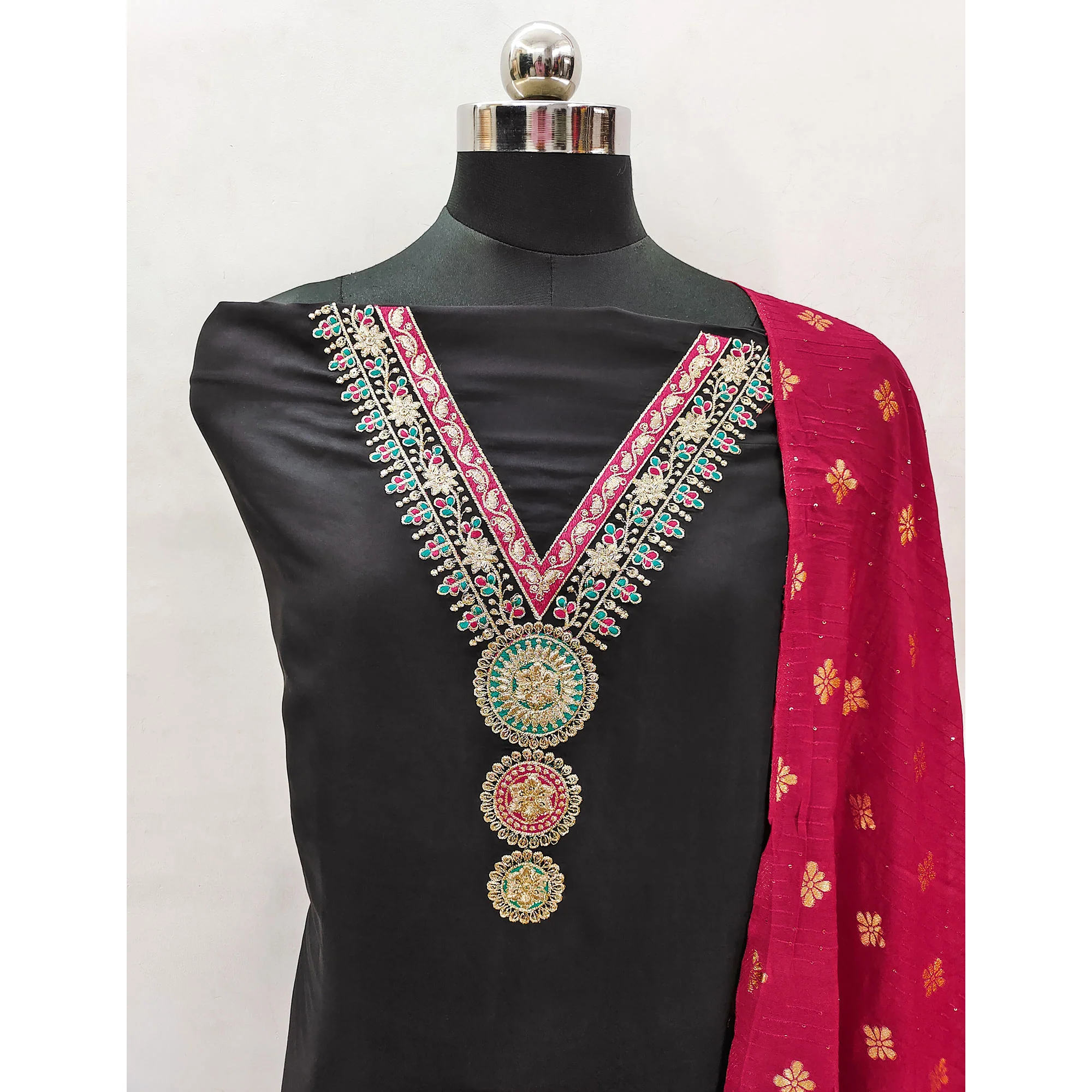 Black Embroidered Viscose Dress Material - Image 4