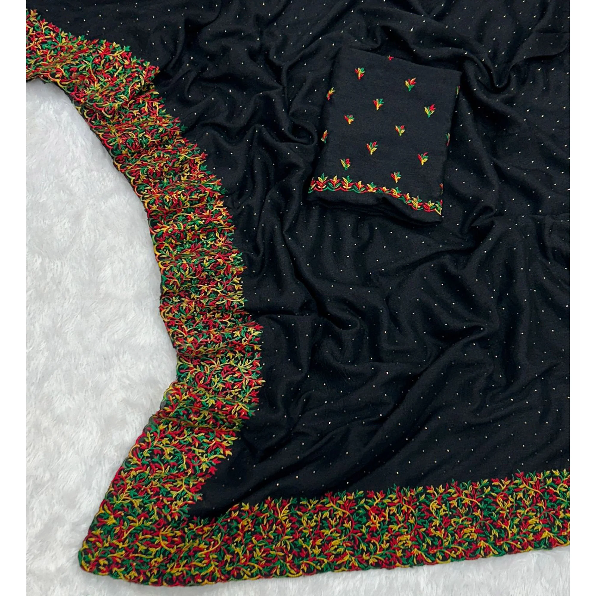 Black Embroidered With Stonework Vichitra Silk Saree - Image 3
