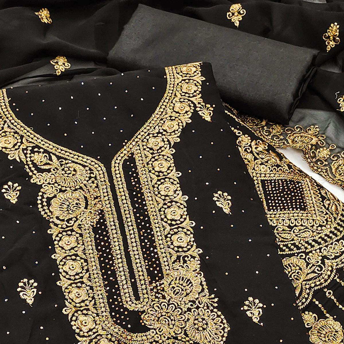 Black Embroidered With Swarovski Work Georgette Dress Material - Image 2