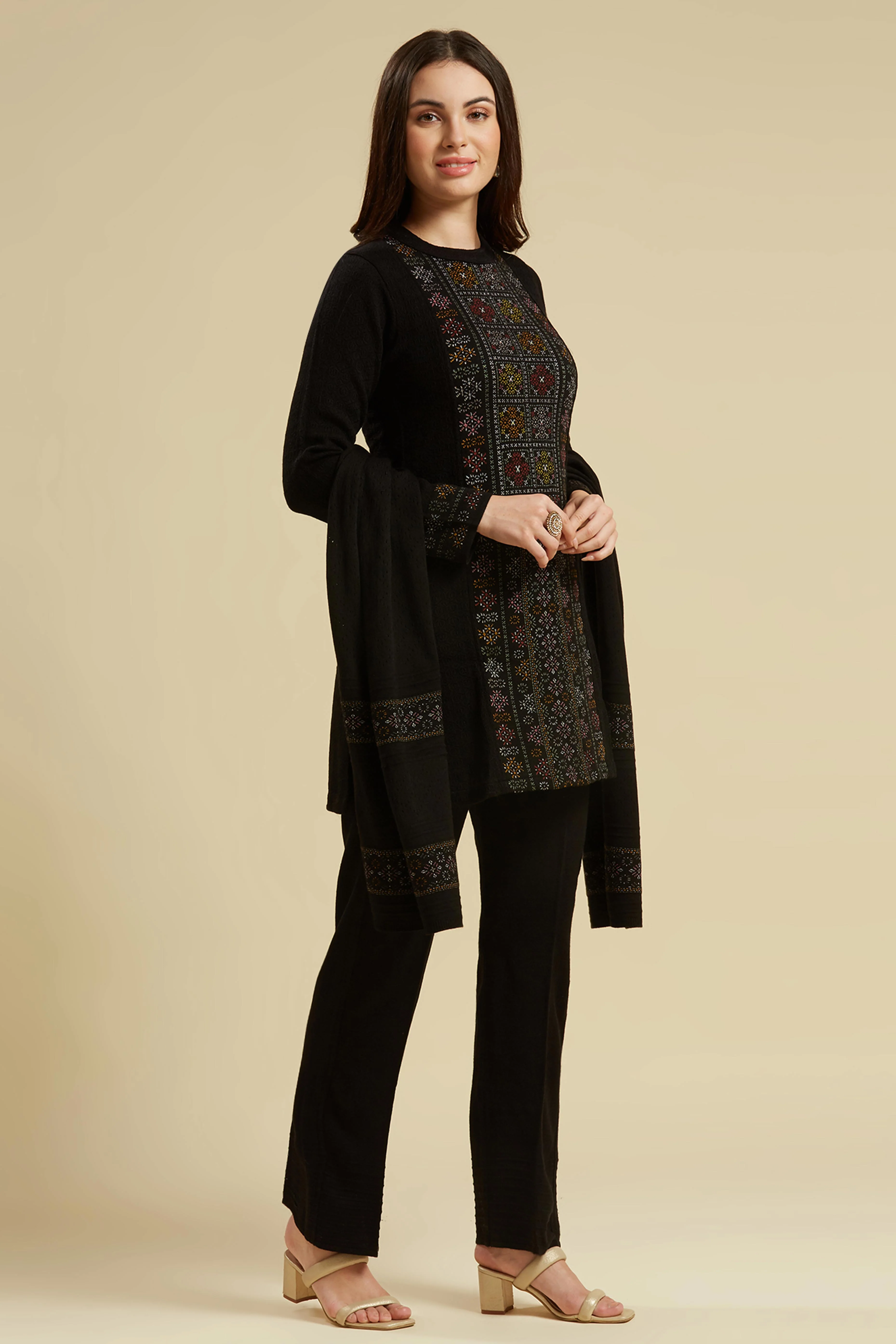 Black Woven Woolen Straight Salwar Suit - Image 4